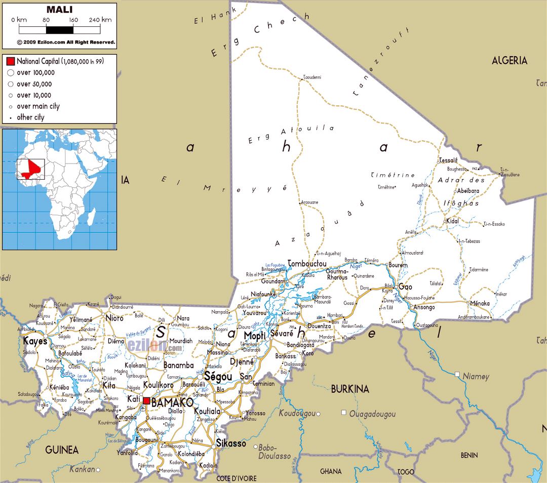Large road map of Mali with cities and airports