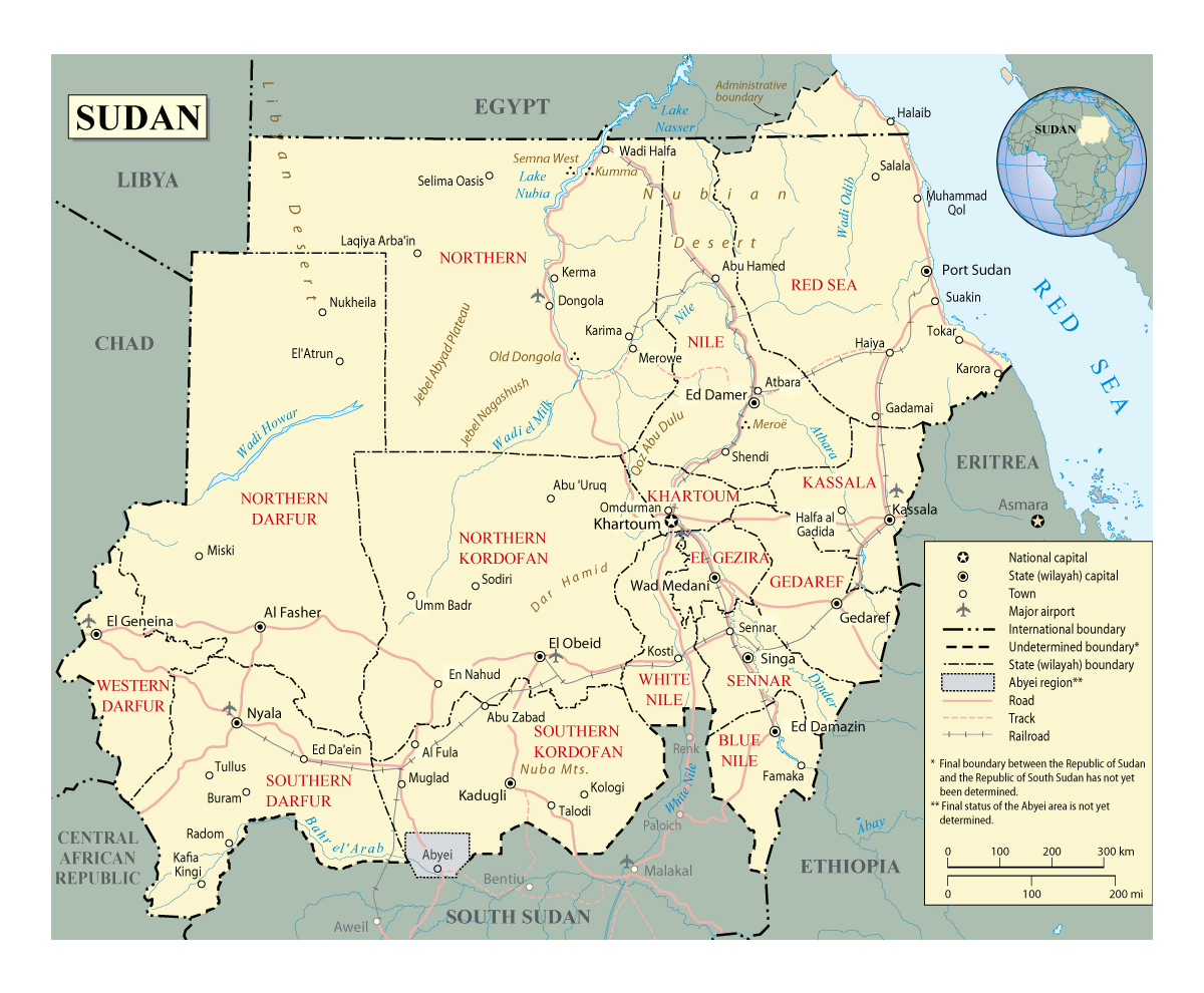Detailed Political And Administrative Map Of Sudan With Roads Railroads Cities And Airports