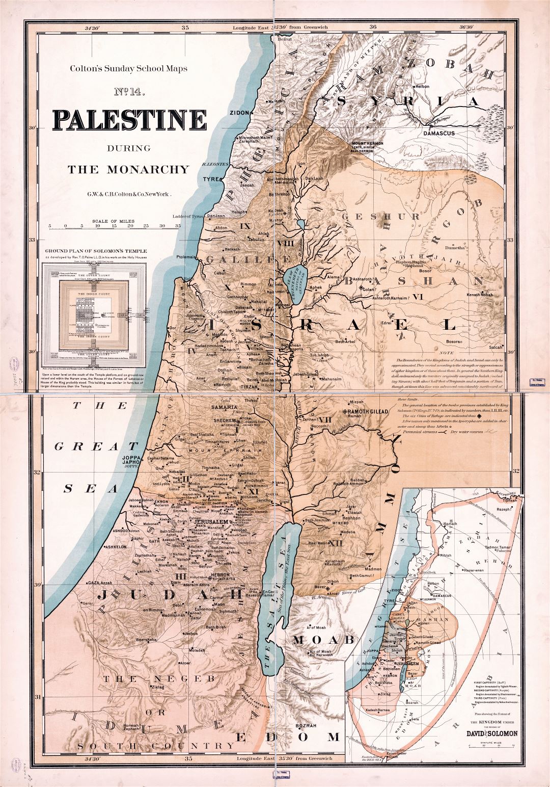 Large Scale Detailed Old Map Of Palestine During The Monarchy 1895 