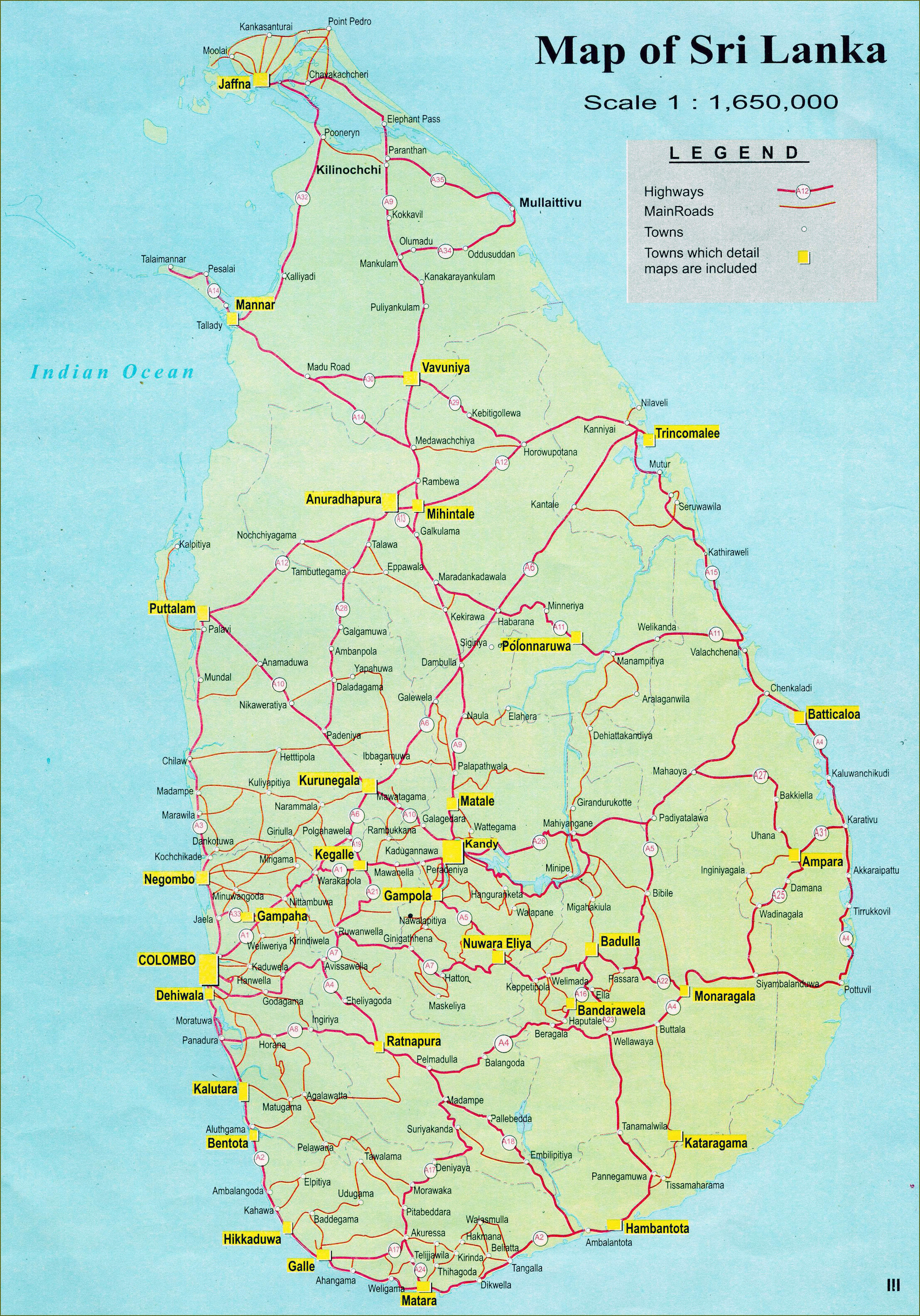 Large Detailed Road Map Of Sri Lanka With Cities Sri Lanka Asia