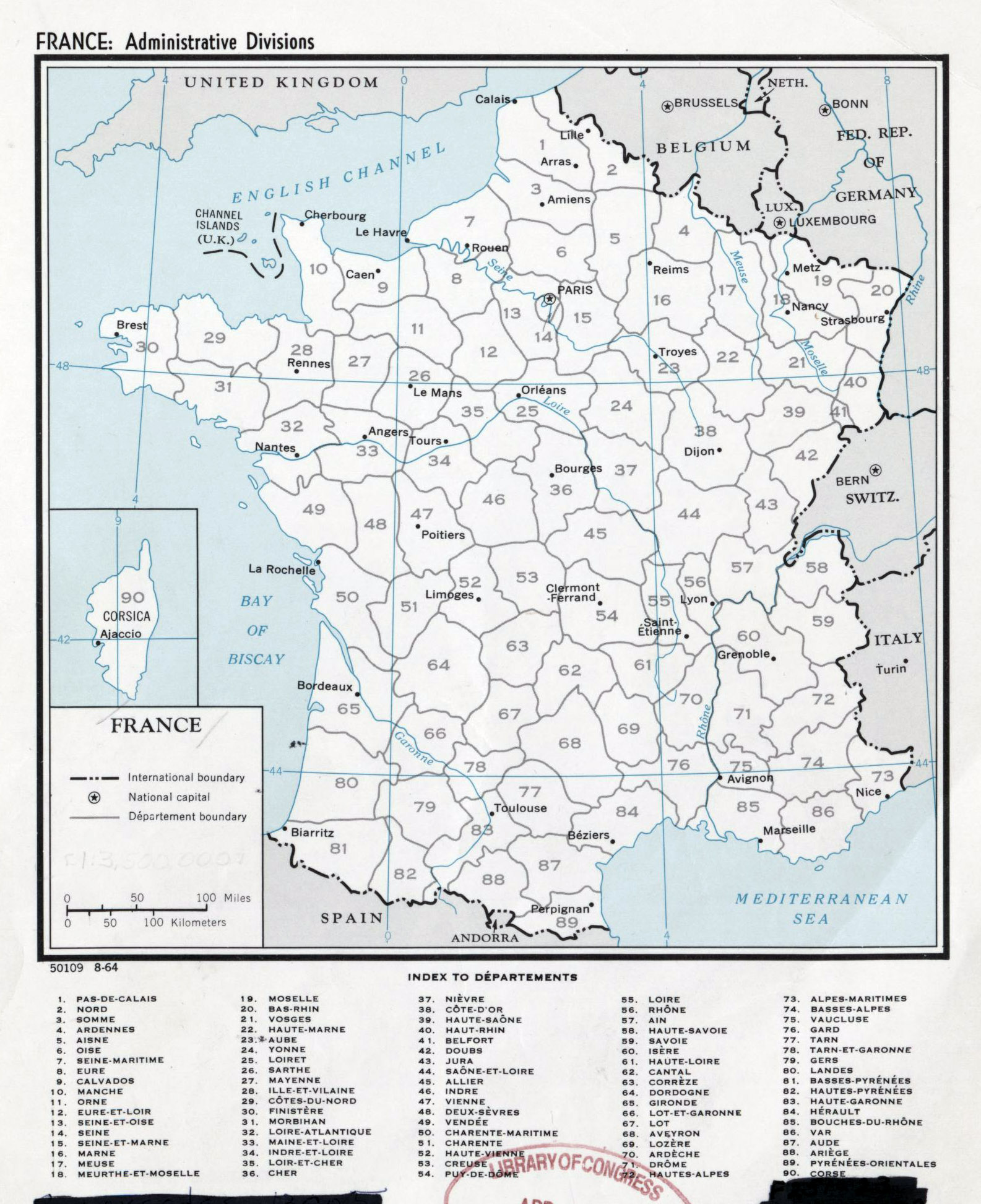 Large Detailed Administrative Divisions Map Of France 1964 France