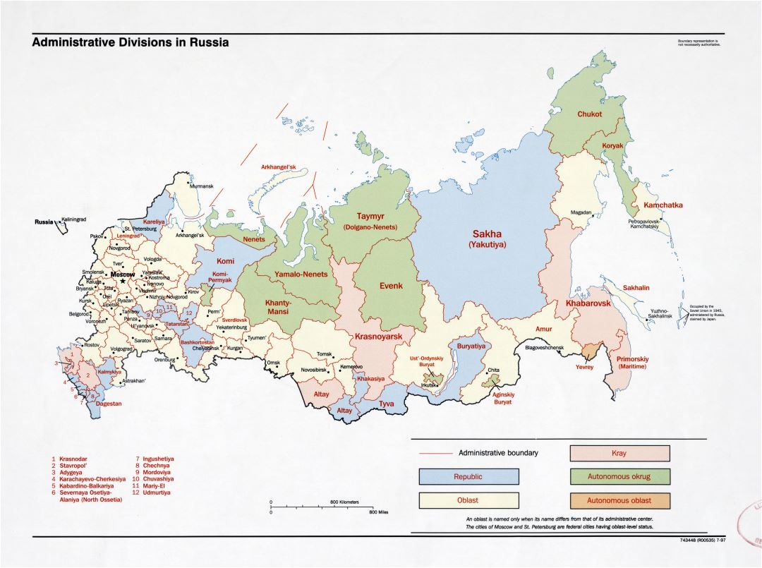 Large Detailed Administrative Divisions Map Of Russia 1997 Russia
