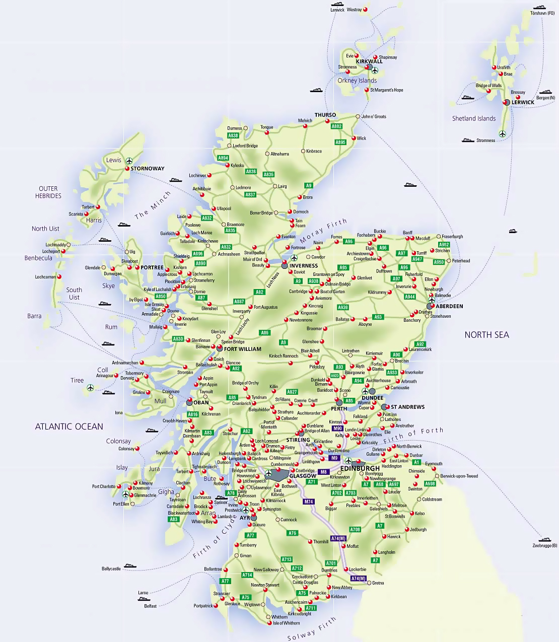 Road Map Of Scotland With Airports And Cities Scotland United 