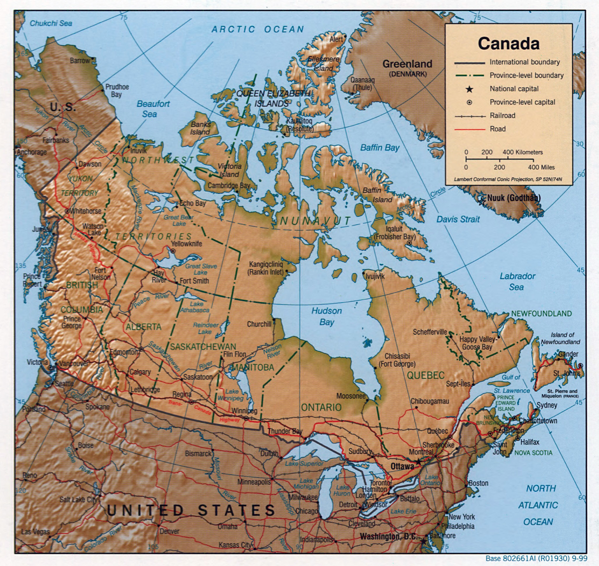 Large Detailed Political And Administrative Map Of Canada With Relief Roads Railroads And