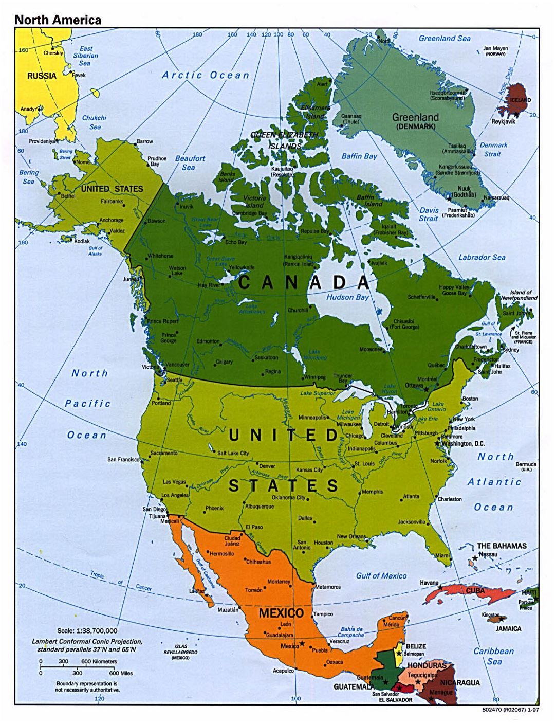 Detailed Political Map Of North America With Major Cities 1997 