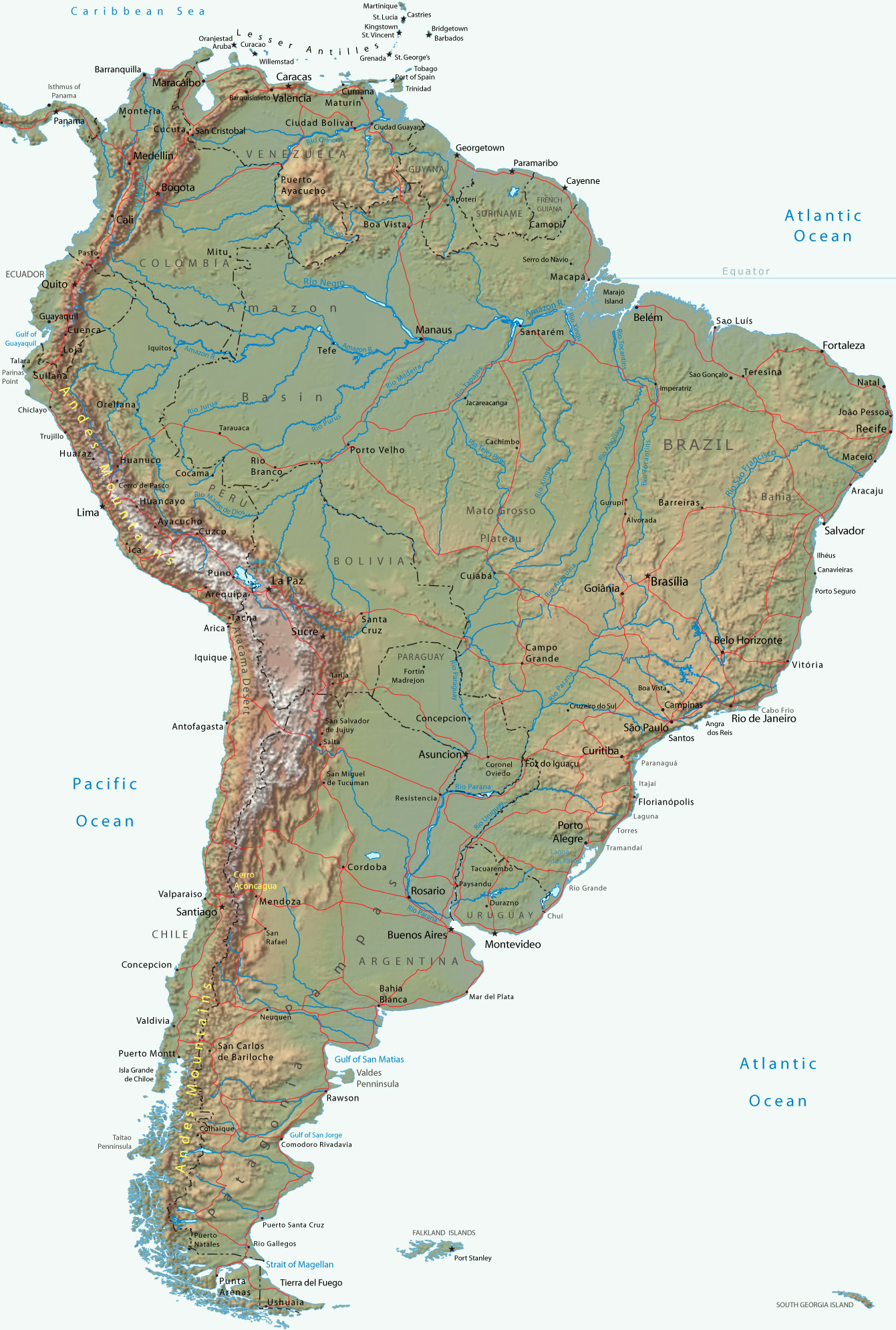 Large Political Map Of South America With Relief South America