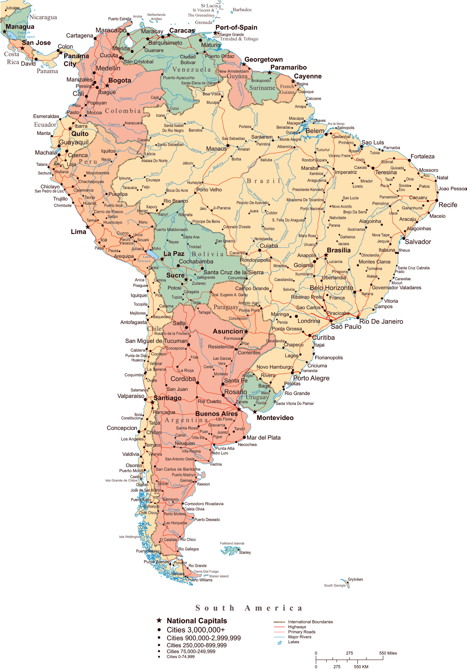 Large Political Map Of South America With Roads Major Cities And