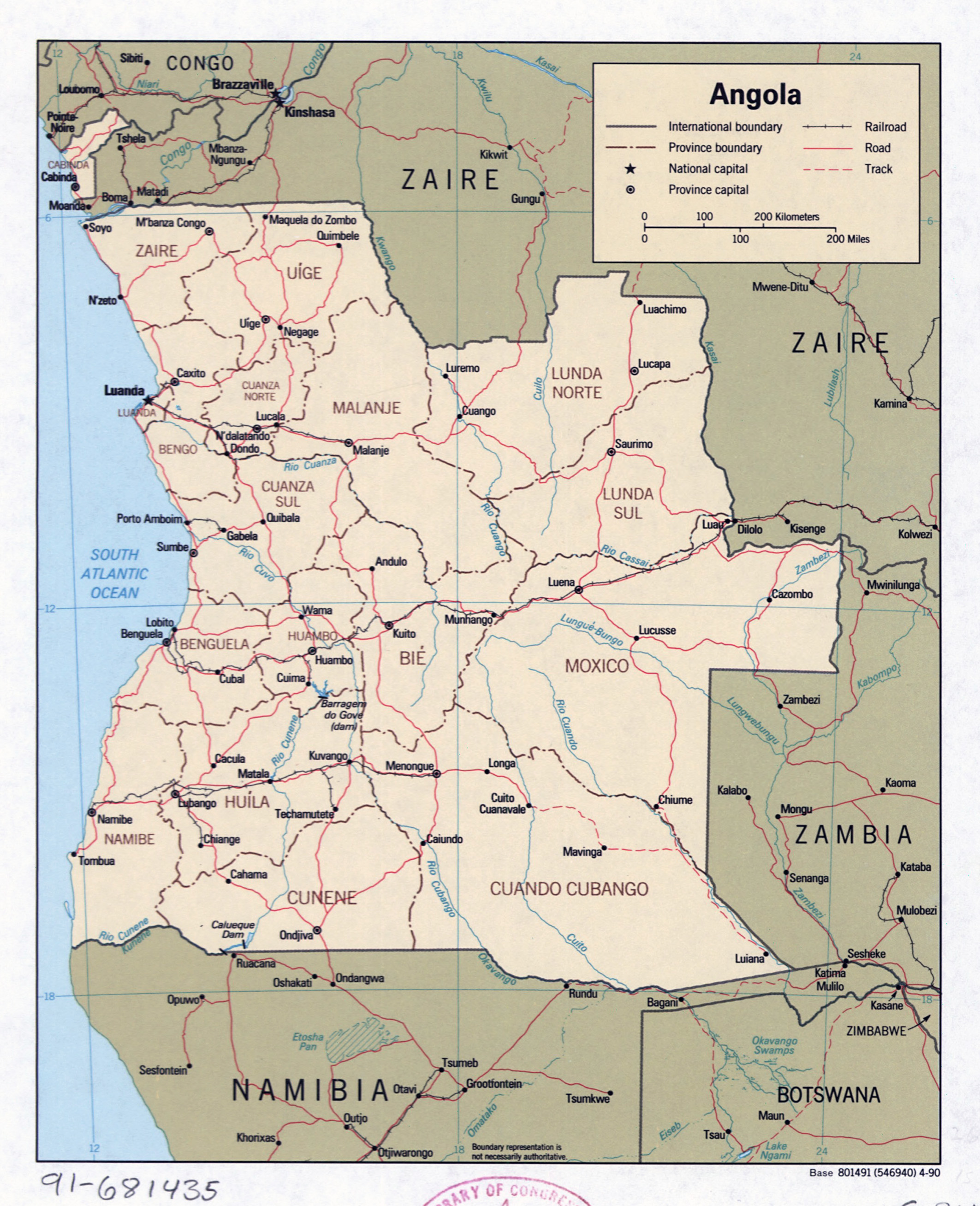 Large Detailed Political And Administrative Map Of Angola With Roads Railroads And Major Cities 1990 