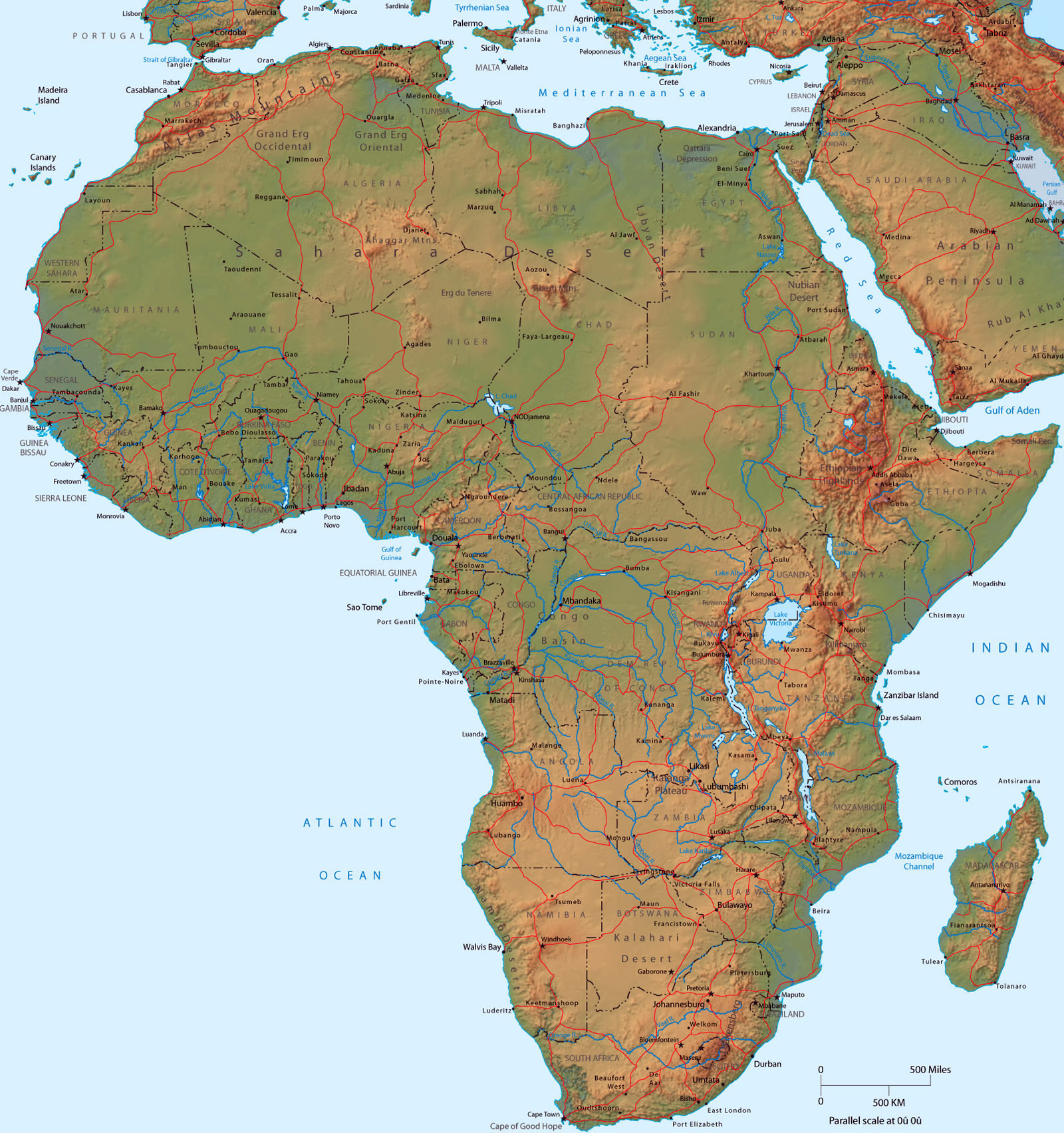 Detailed political map of Africa with relief | Africa | Mapsland | Maps
