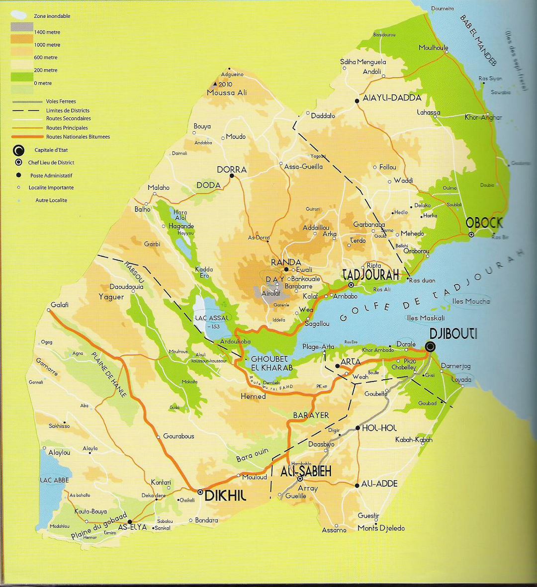 Detailed Elevation Map Of Djibouti With Roads And Cities Small 