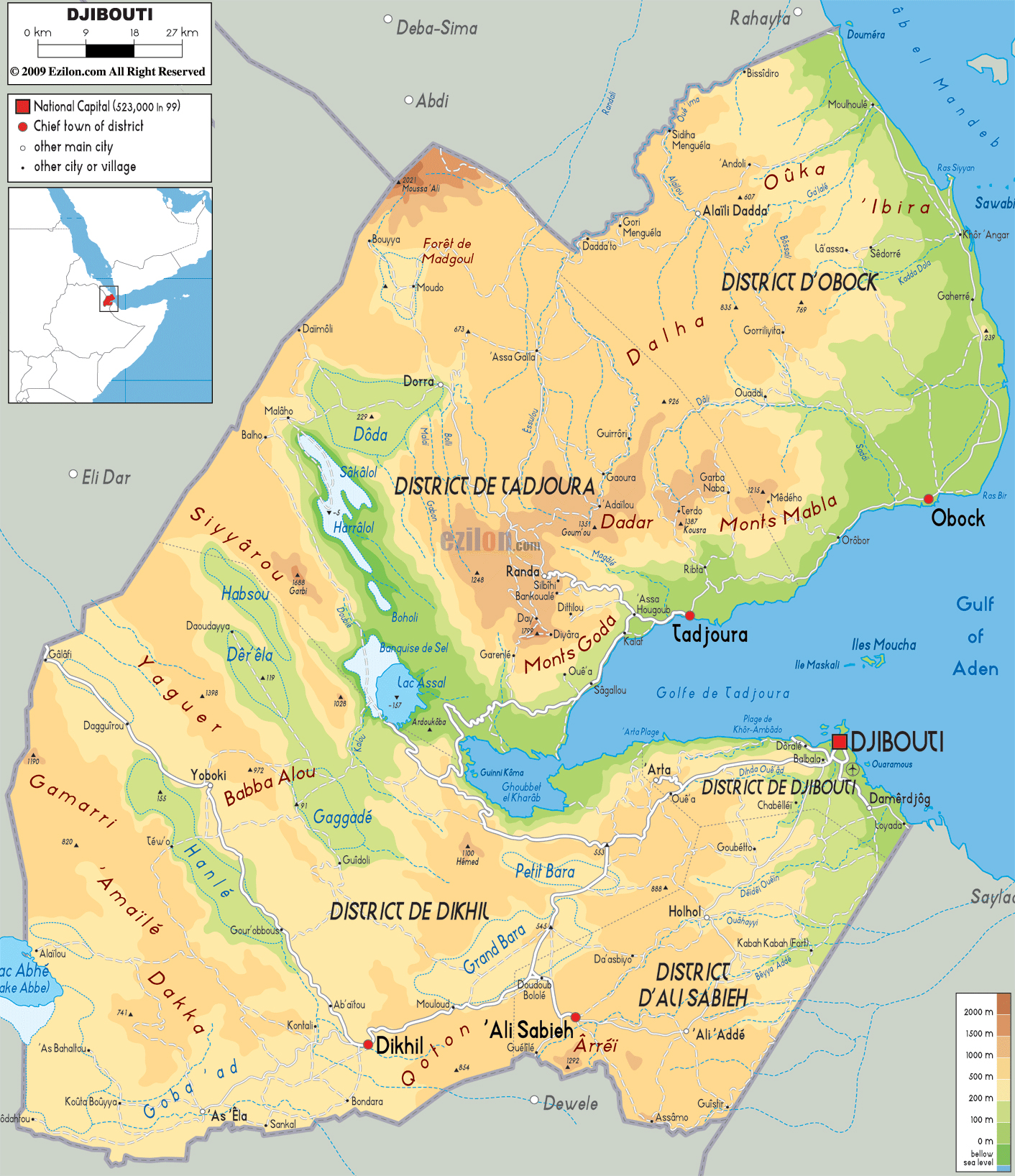 Large Physical Map Of Djibouti With Roads Cities And Airports 
