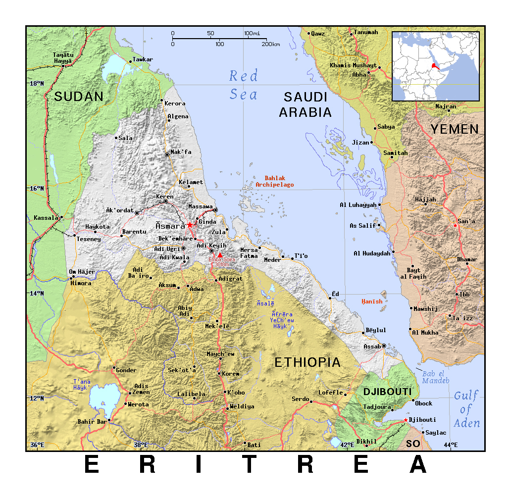 Detailed Political Map Of Eritrea With Relief 