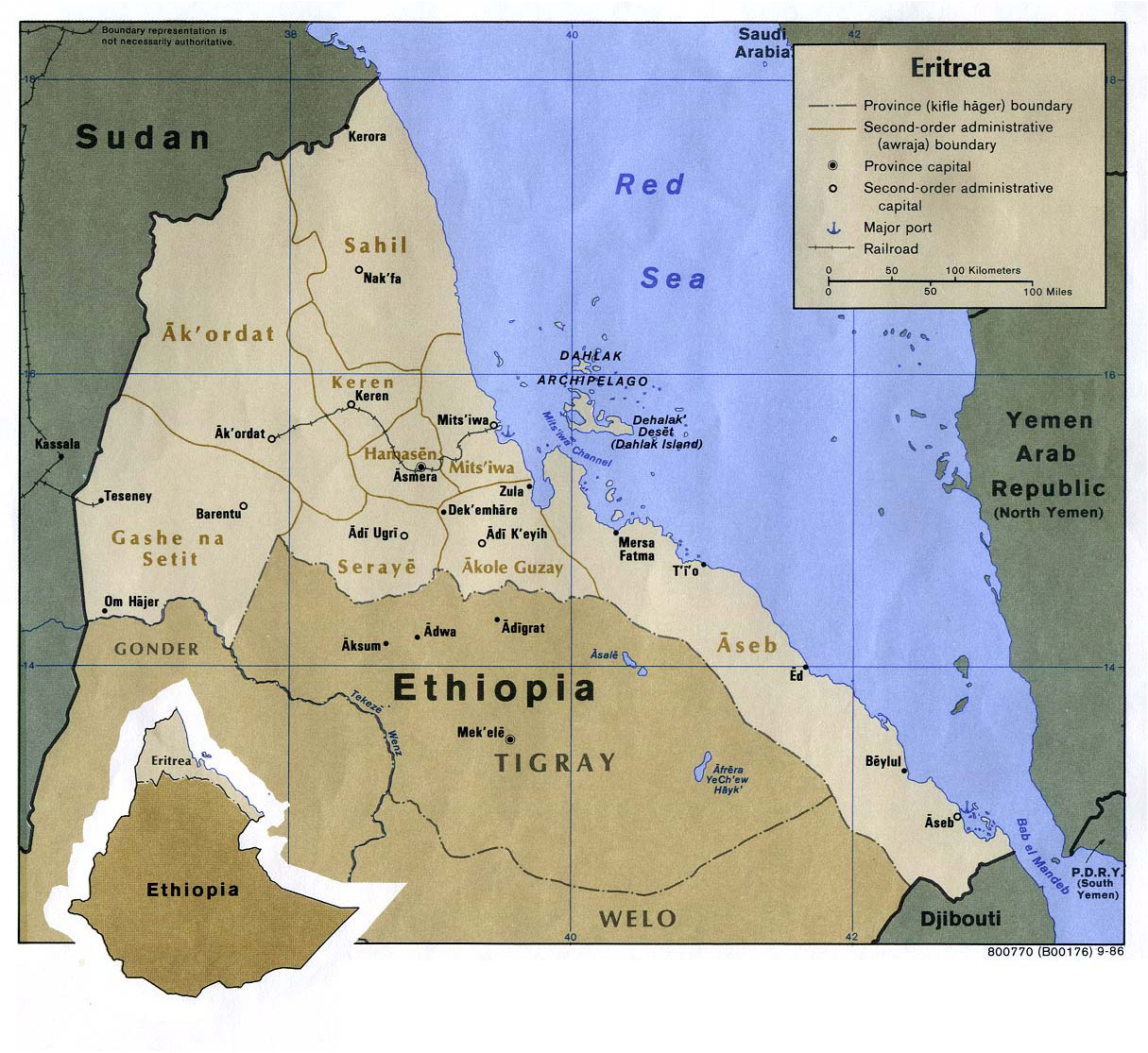 Detailed political map of Eritrea with roads, railroads, ports and
