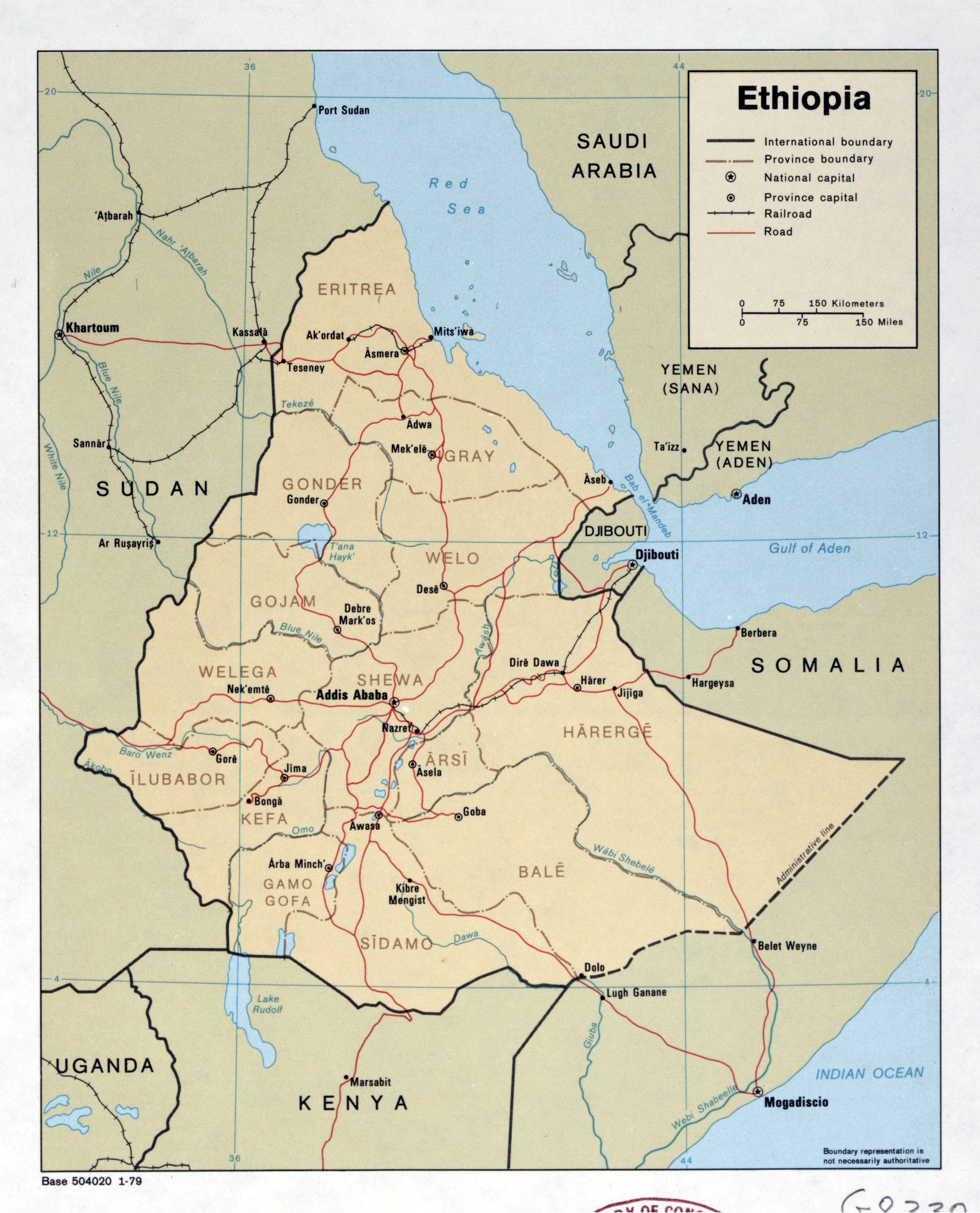 Large Detailed Political And Administrative Map Of Ethiopia With Roads Railroads And Major Cities 1979 