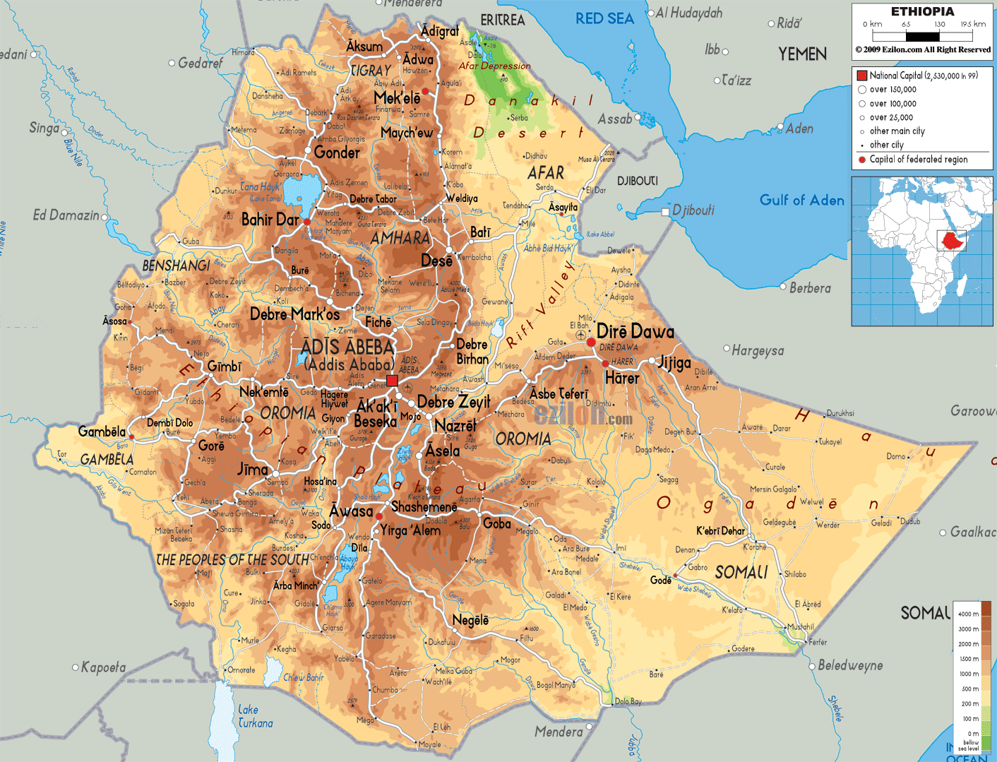 Large Physical Map Of Ethiopia With Roads Cities And Airports 