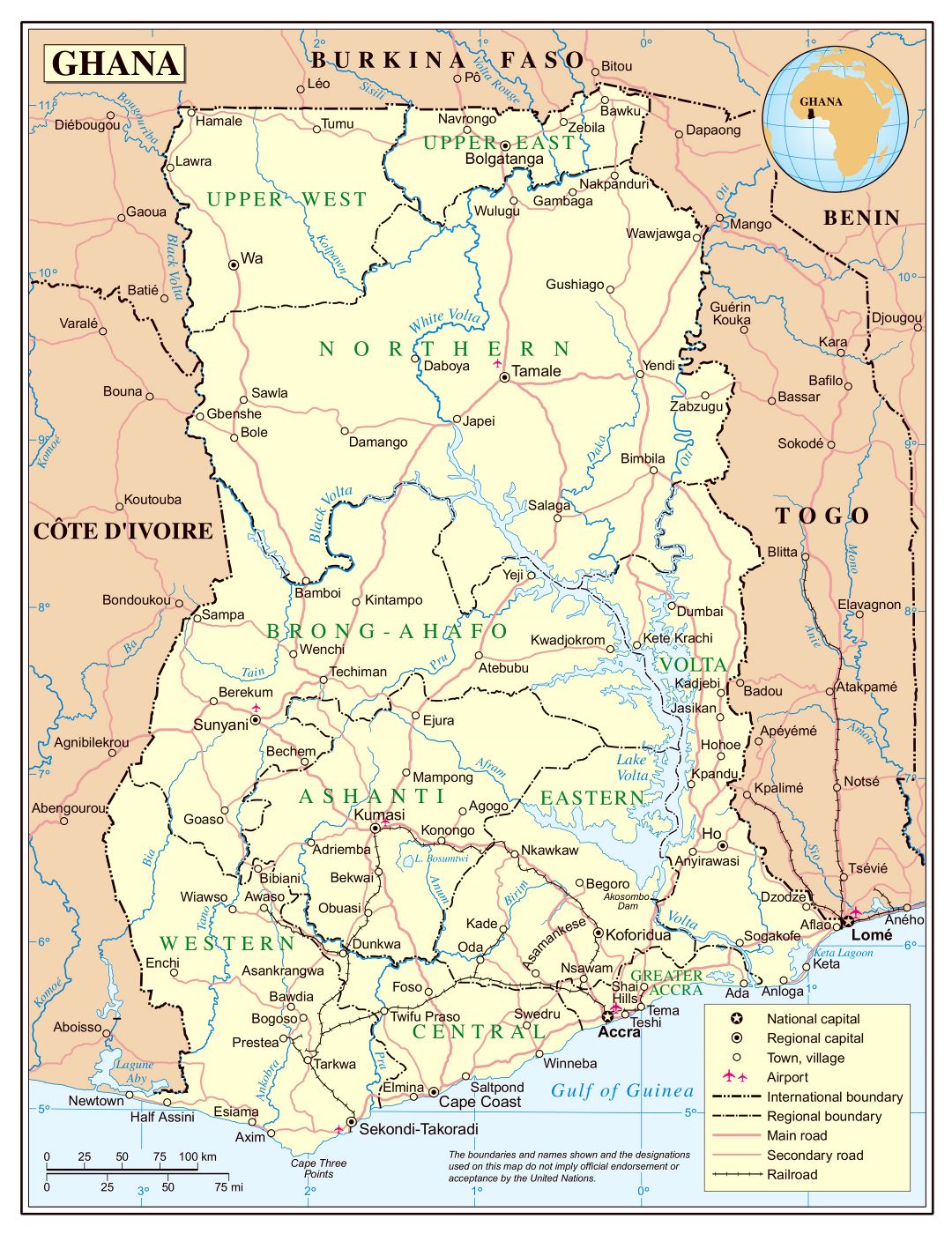 Large Detailed Political And Administrative Map Of Ghana With Roads 