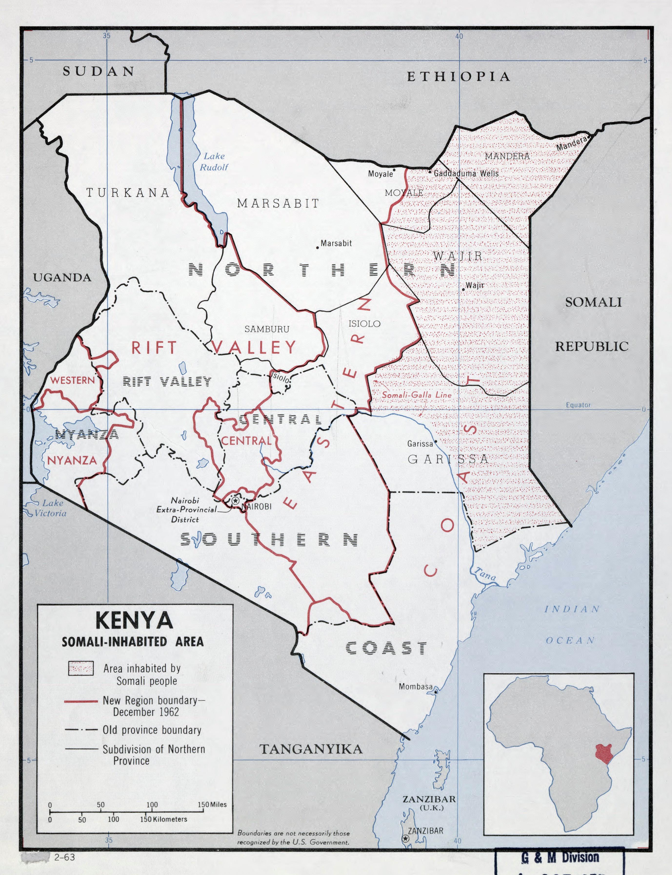 Large detailed map of Kenya with Somali Inhabited Area - 1963 | Kenya ...