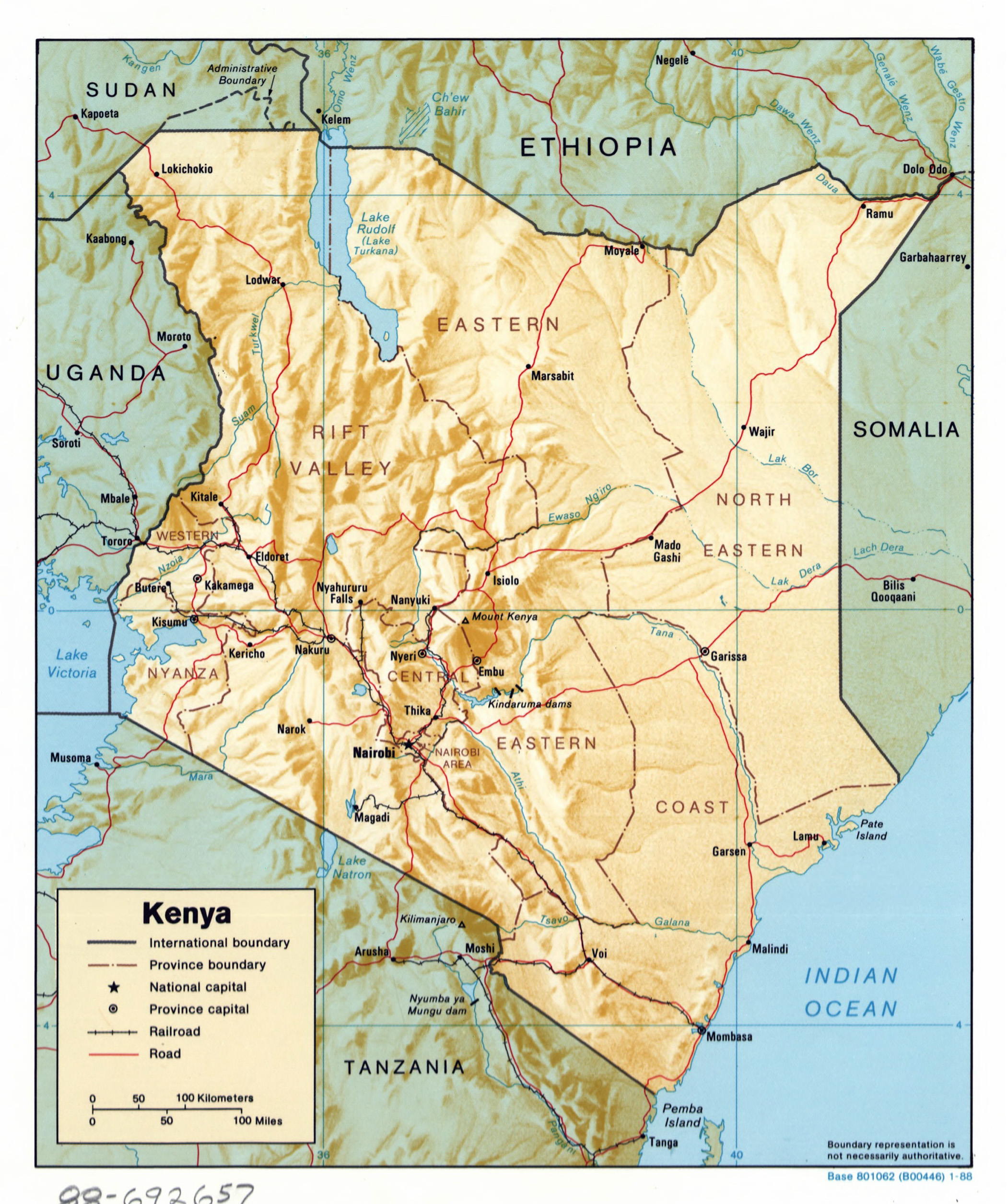 Large Detailed Political And Administrative Map Of Kenya With Relief Roads Railroads And Major Cities 1988 