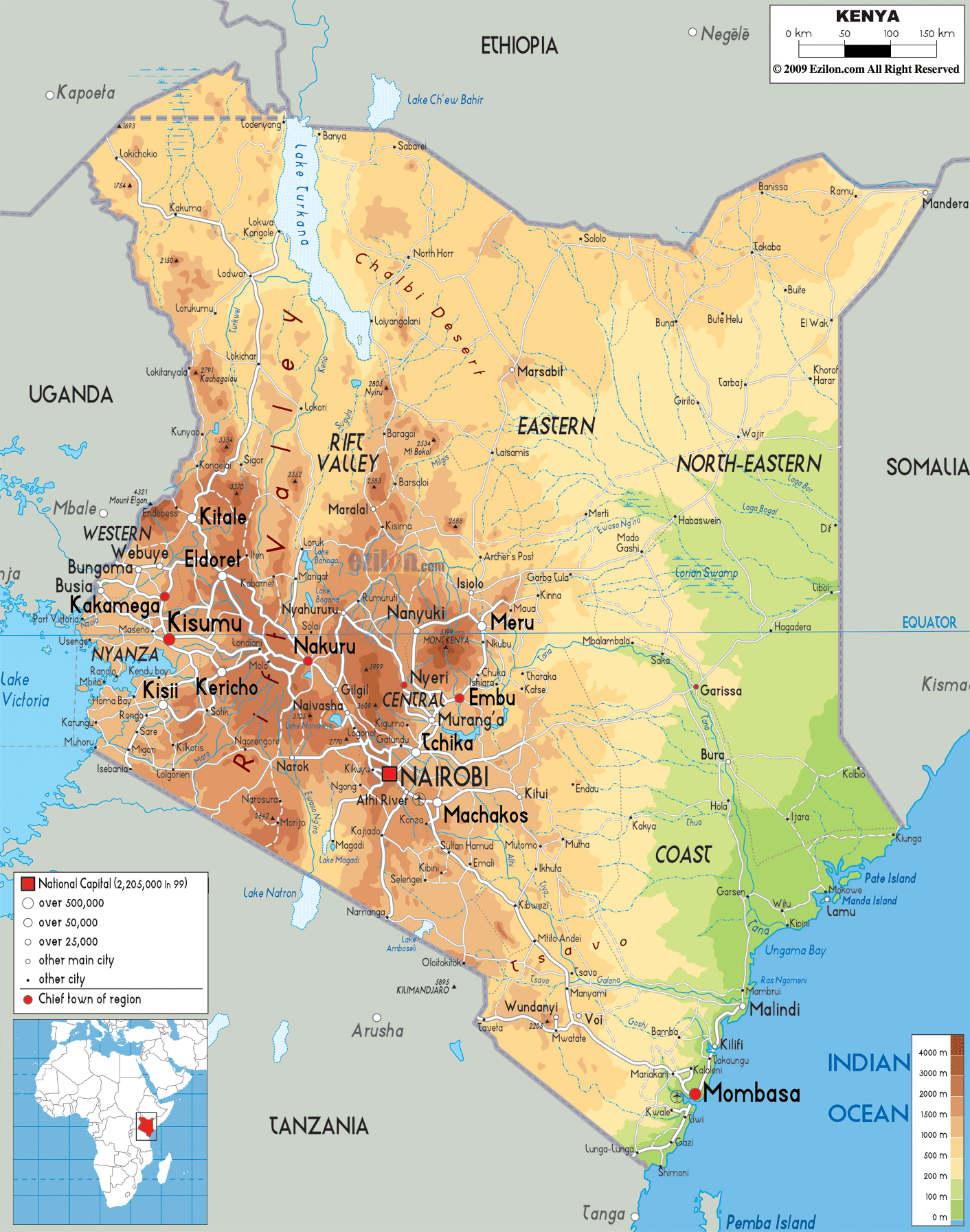 Large Physical Map Of Kenya With Roads Cities And Airports 