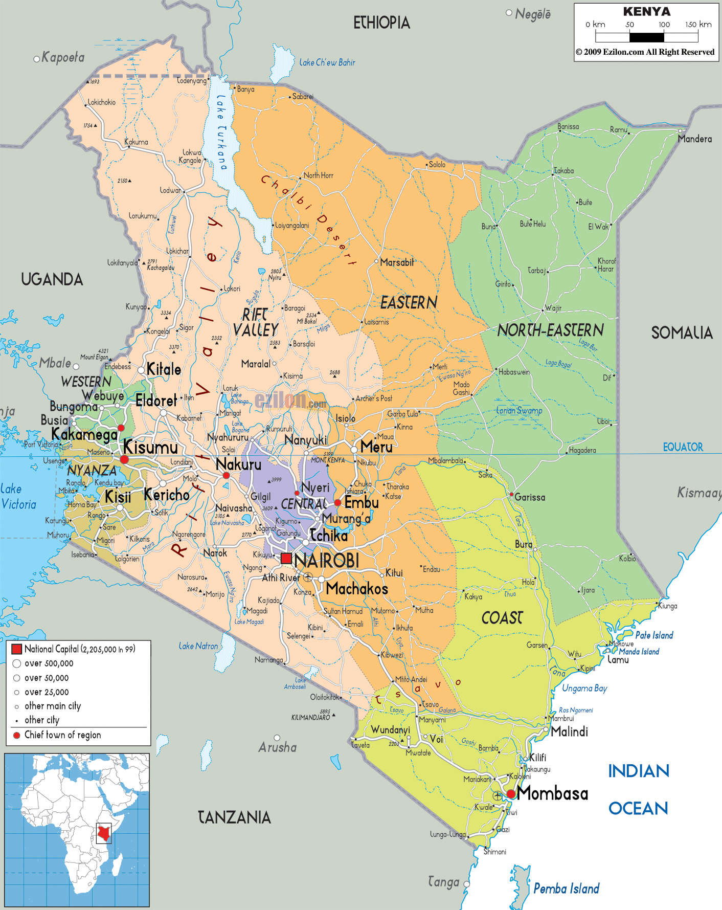 Large political and administrative map of Kenya with roads, cities and ...