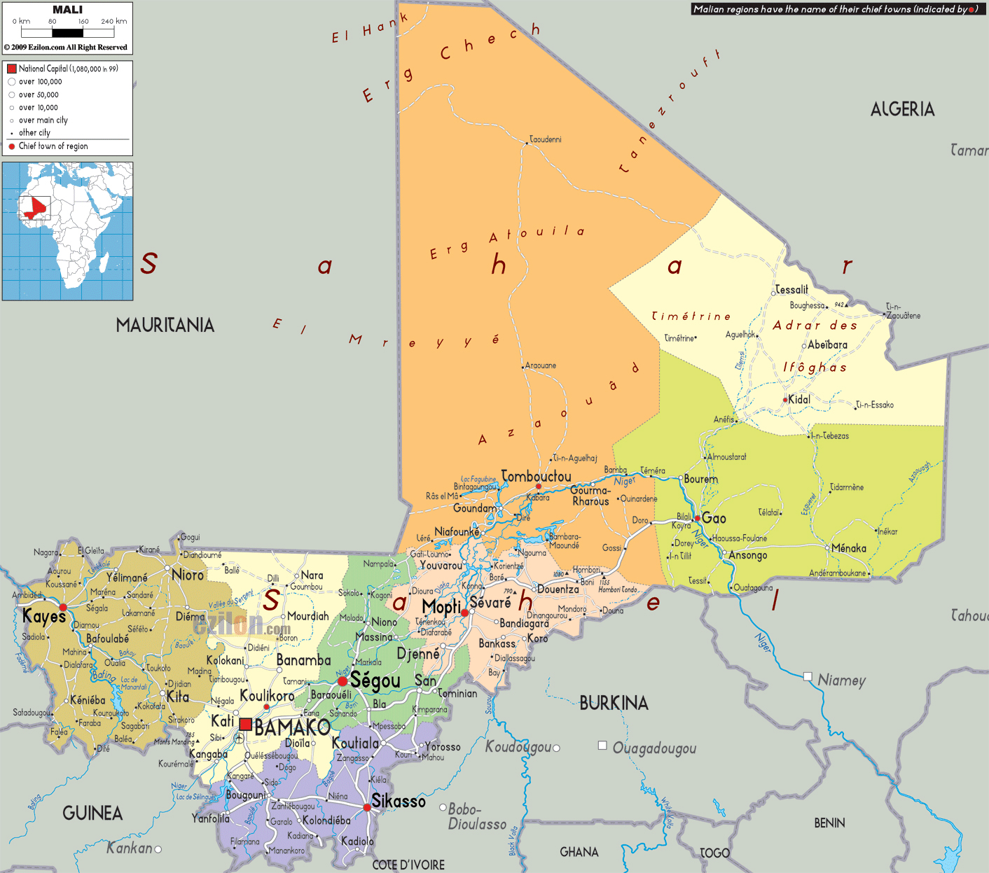 Large Political And Administrative Map Of Mali With Roads Cities And Airports 
