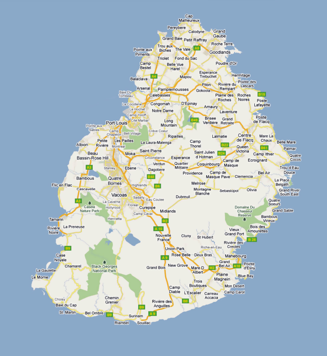 Detailed road map of Mauritius with cities and villages | Mauritius ...