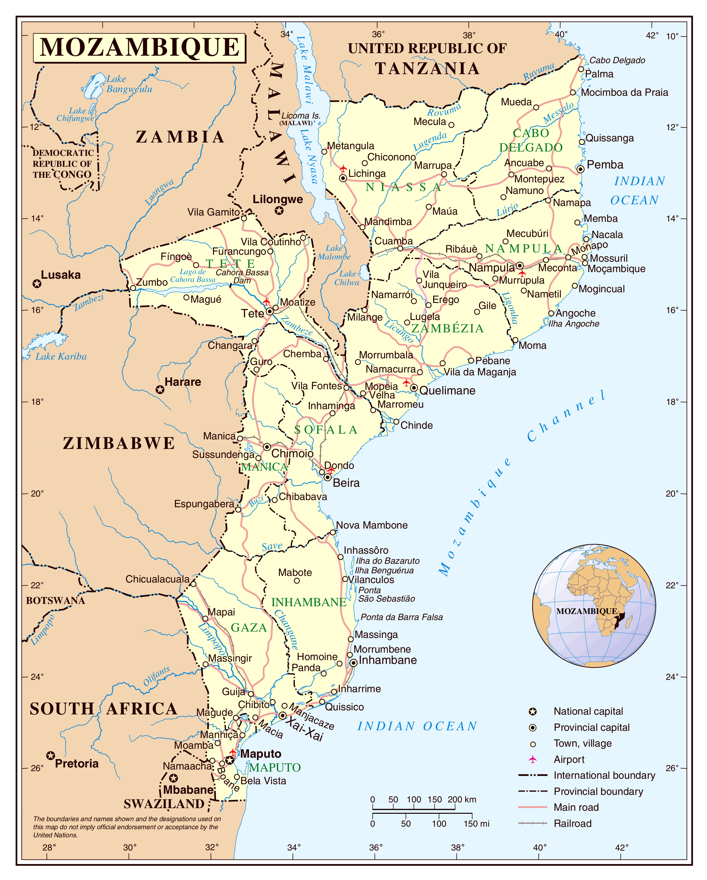 Large Detailed Political And Administrative Map Of Mozambique With Cities Roads Railroads And Airports 