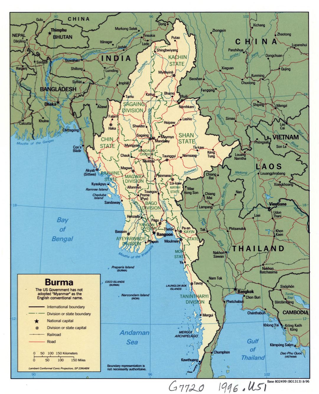 Large Detailed Political And Administrative Map Of Burma (myanmar) With Roads Railroads And Major Cities 1996 Small 