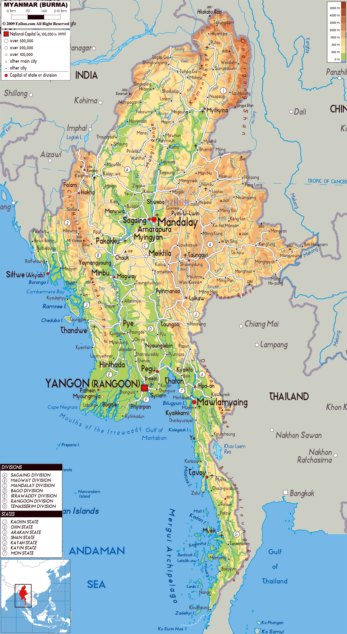 Large Physical Map Of Myanmar With Roads Cities And Airports Burma