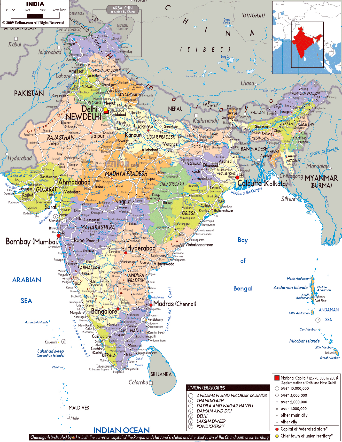 Large political and administrative map of India with roads, cities and ...