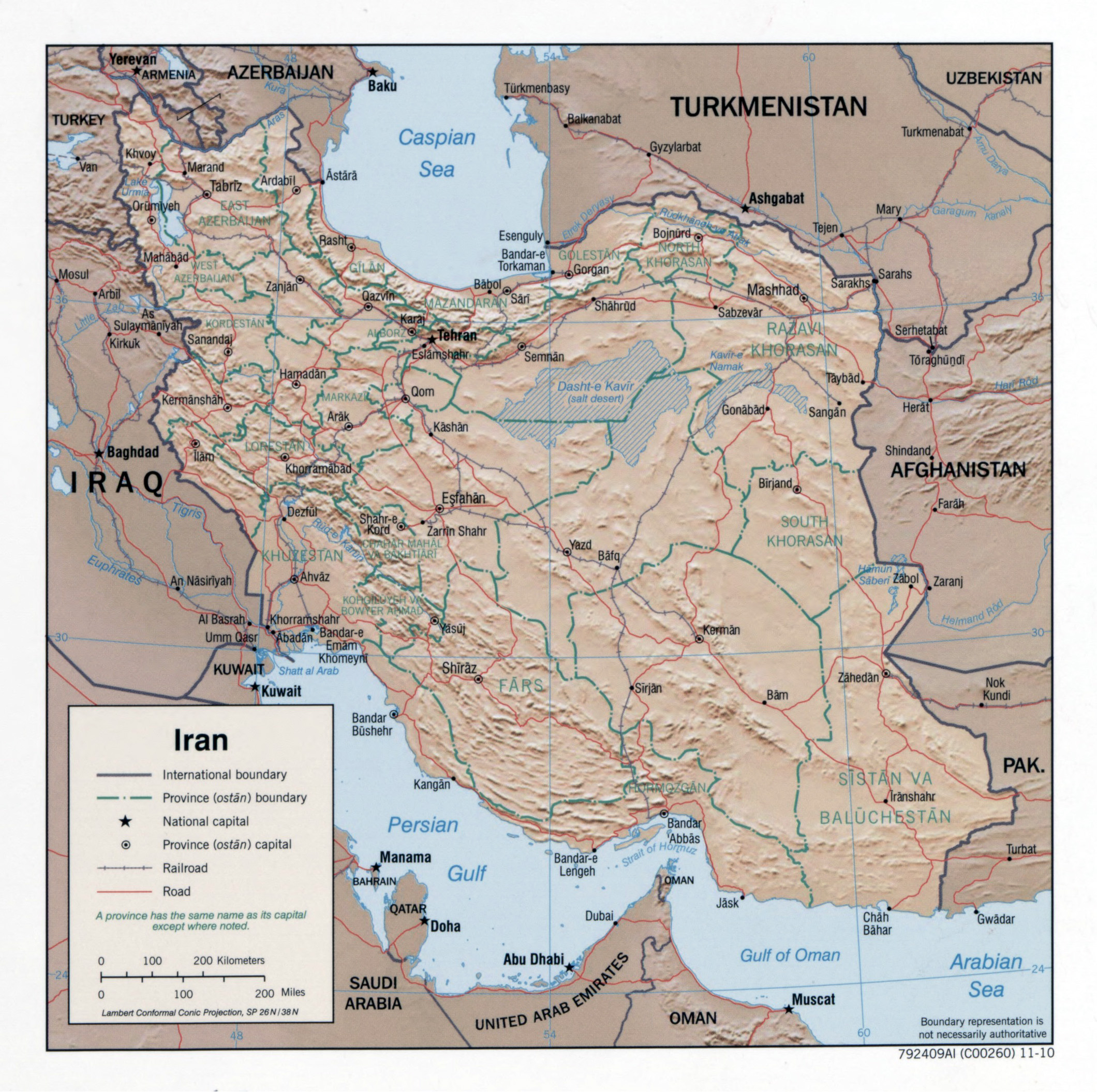 Large Detailed Political And Administrative Map Of Iran With Relief Roads Railroads And Major Cities 2010 