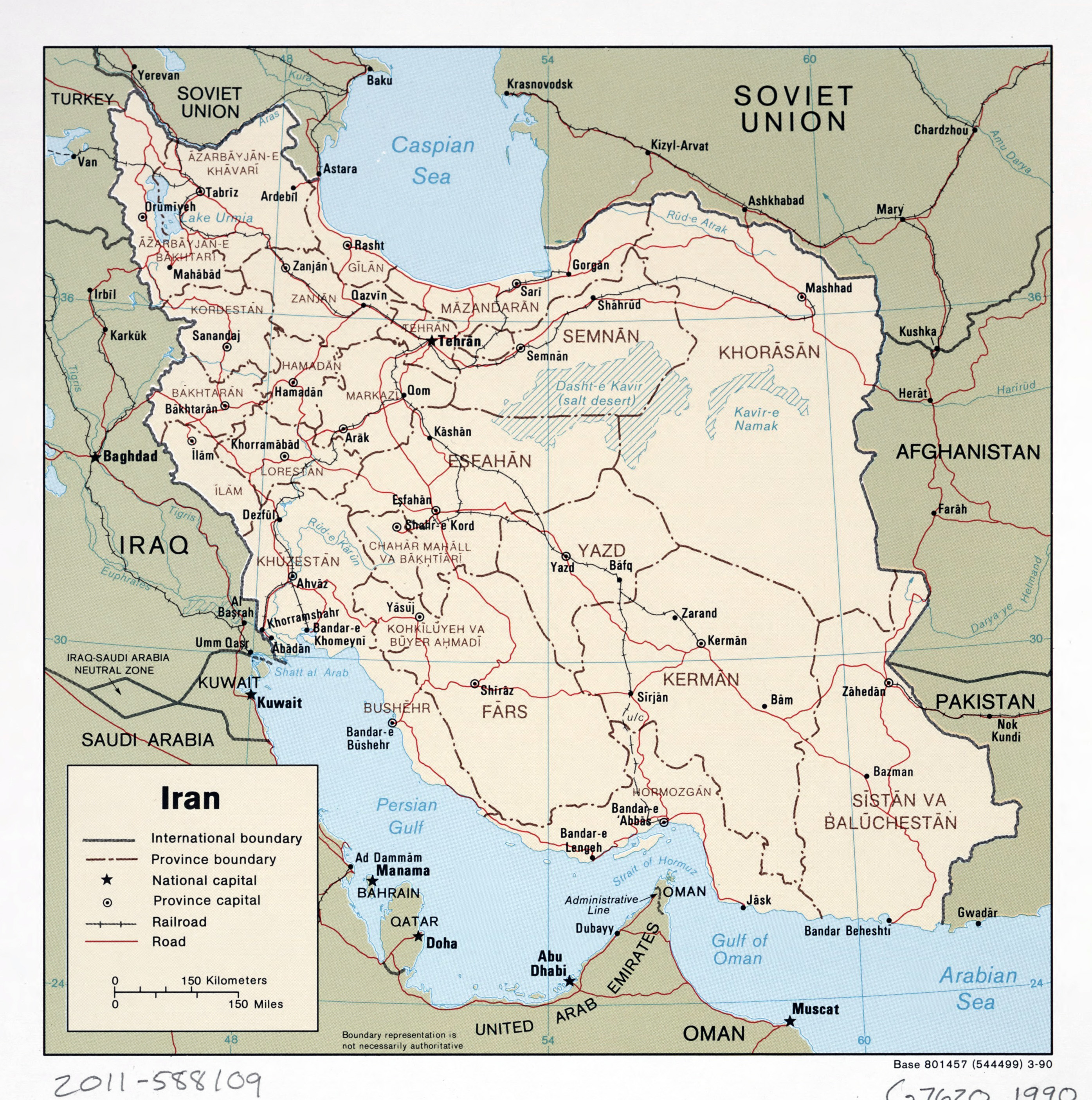 Large Detailed Political And Administrative Map Of Iran With Roads Railroads And Major Cities 1990 
