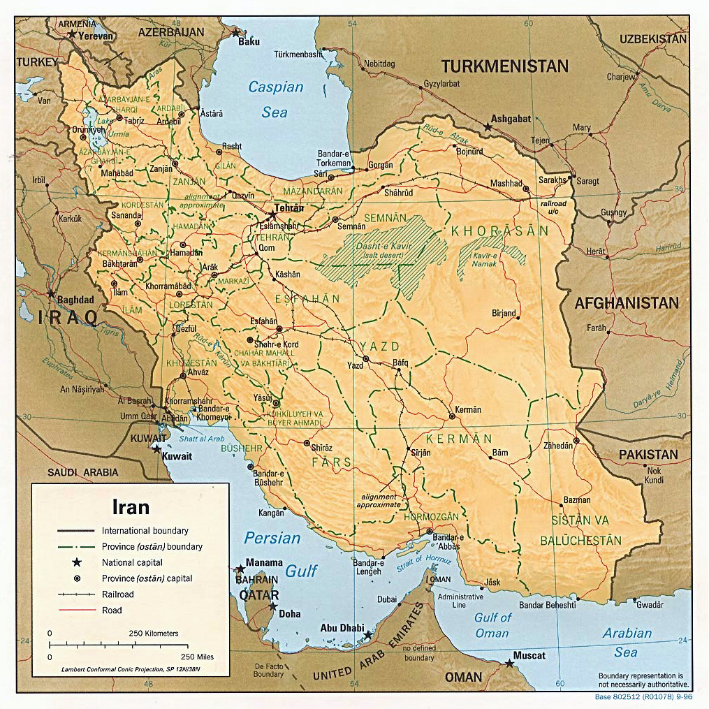 Large Political And Administrative Map Of Iran With Relief Roads Railroads And Cities 1996 