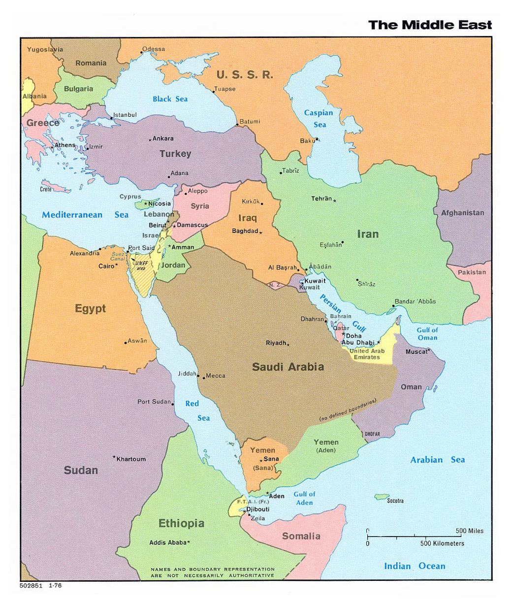 Detailed Political Map Of The Middle East With Capitals 1976 Middle