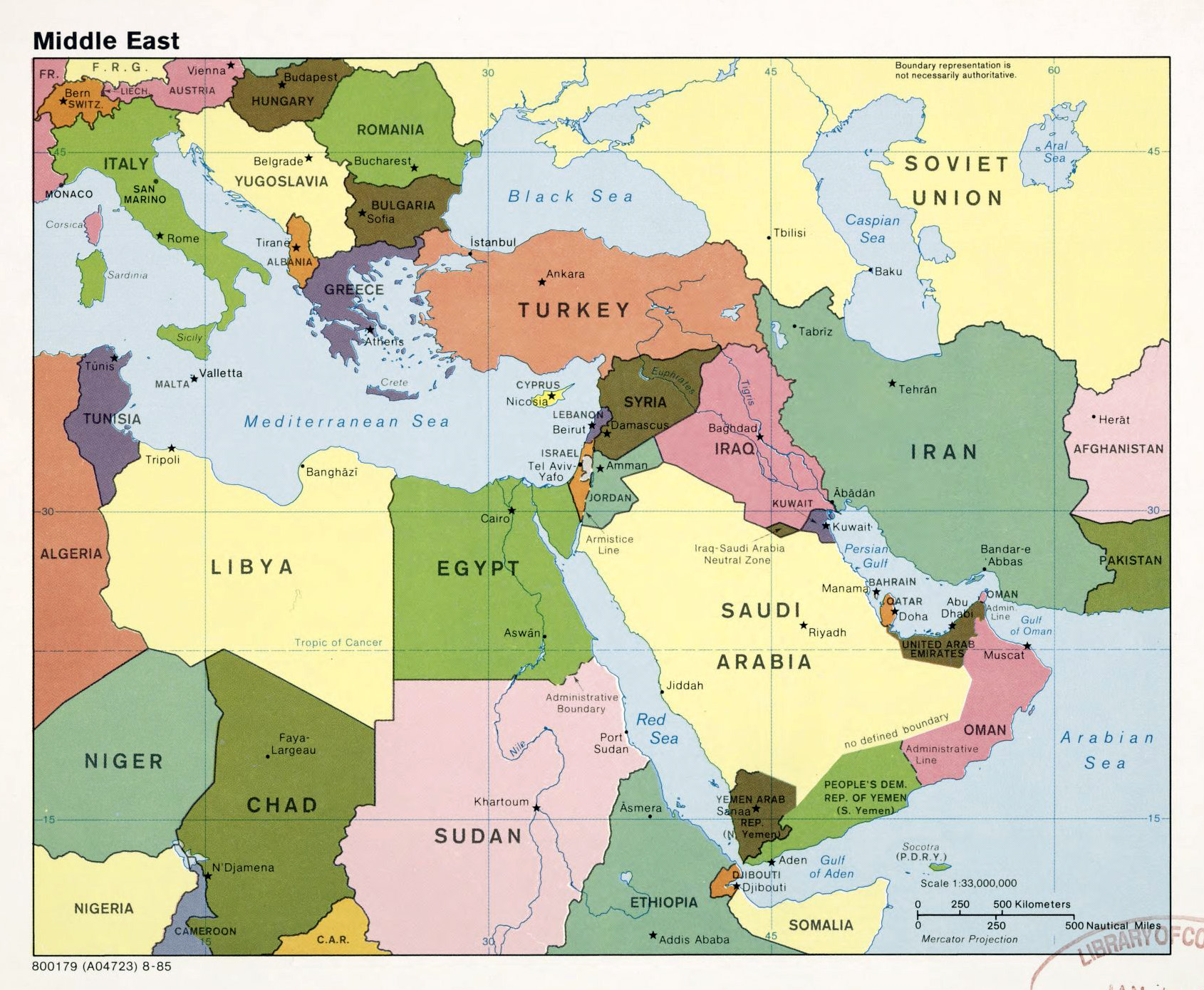 Large Detailed Political Map Of The Middle East With Major Cities And Capitals 1985 