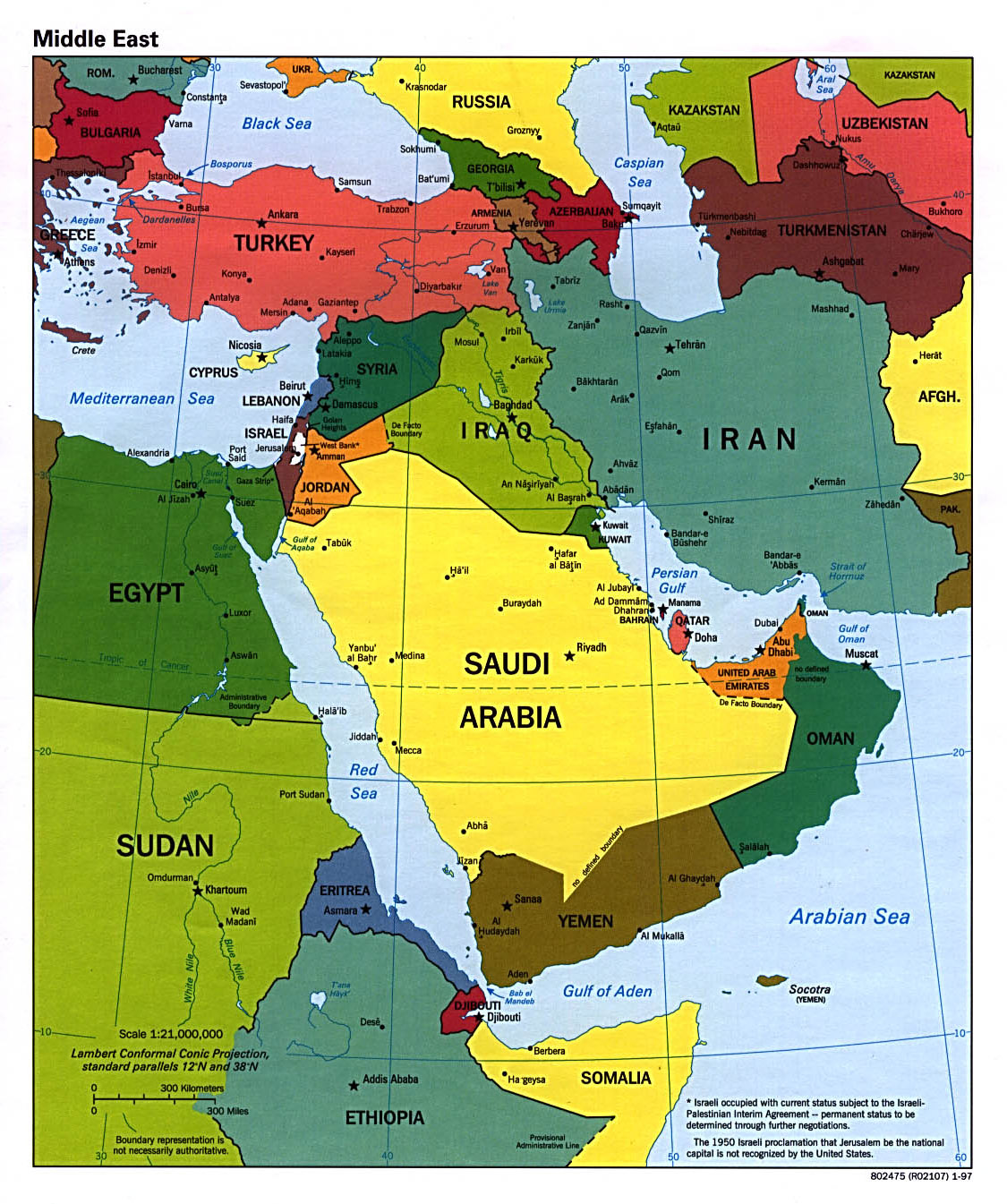 Large Political Map Of The Middle East With Major Cities And Capitals 1997 