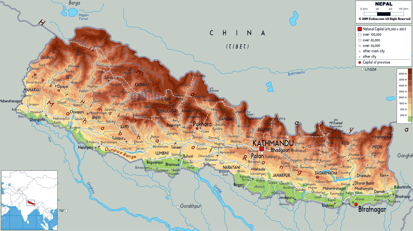 Large Physical Map Of Nepal With Roads Cities And Airports 