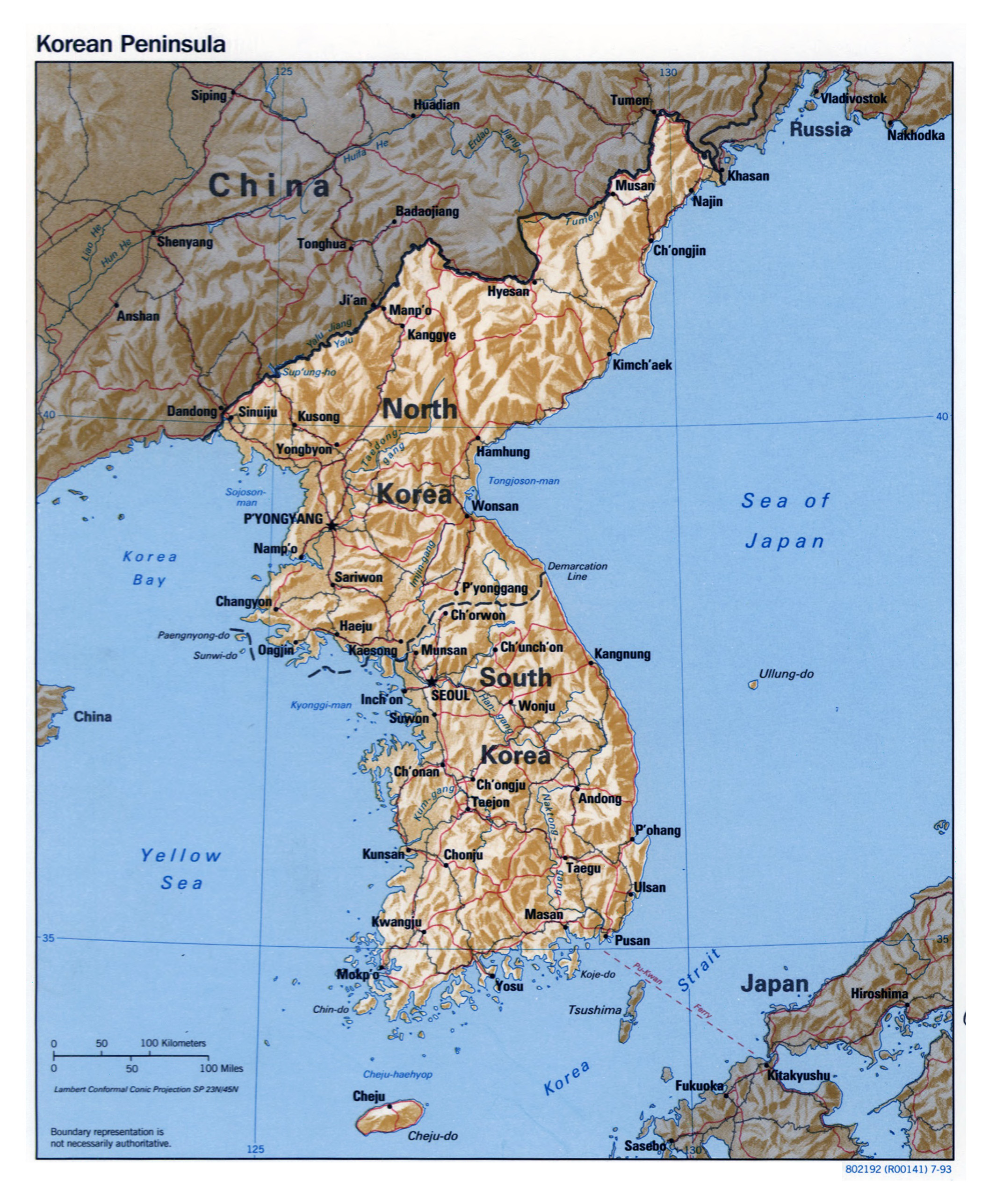 Large Detailed Political Map Of Korean Peninsula With Relief Roads Railroads And Major Cities 1993 