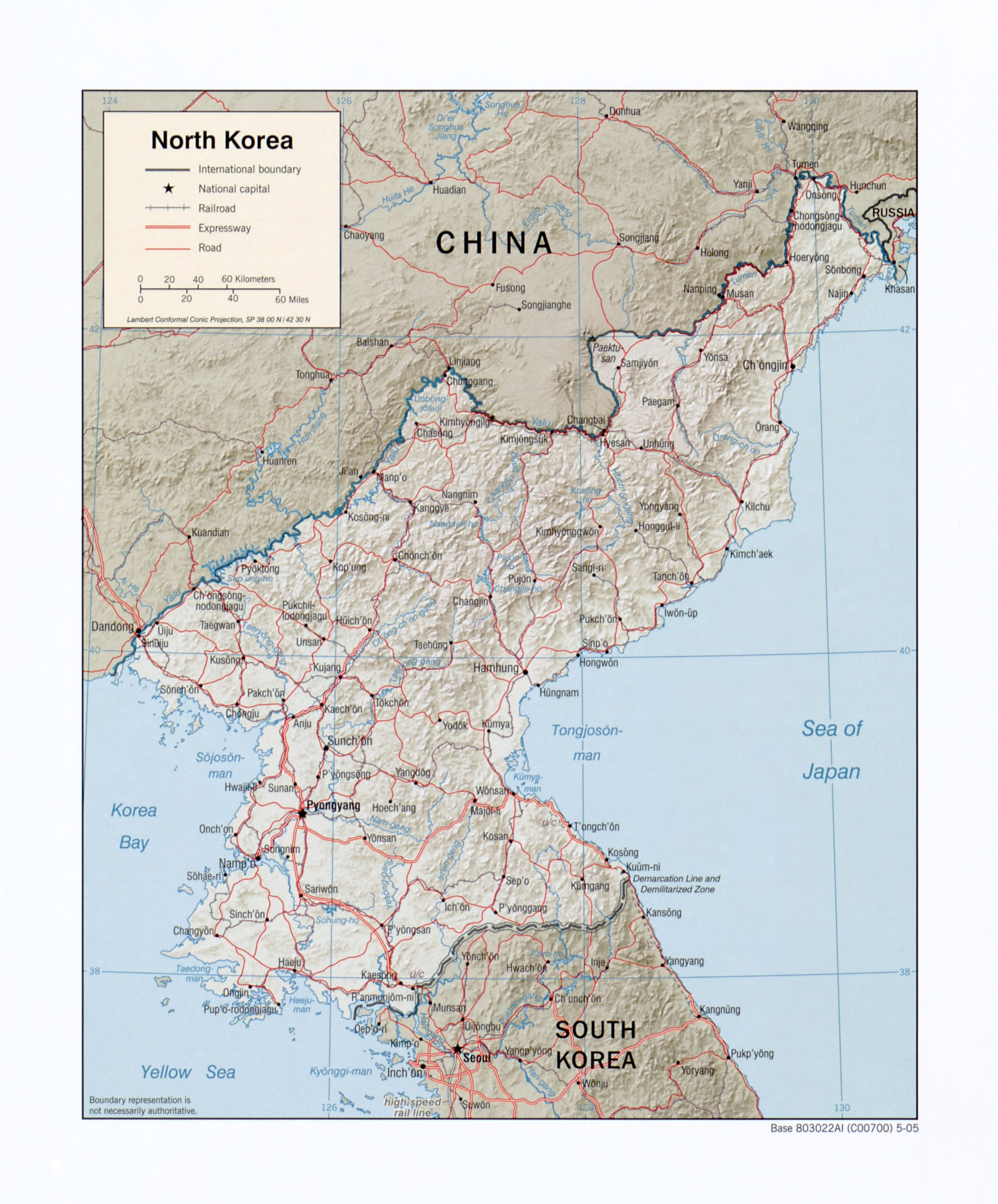 Large detailed political map of North Korea with relief, roads ...