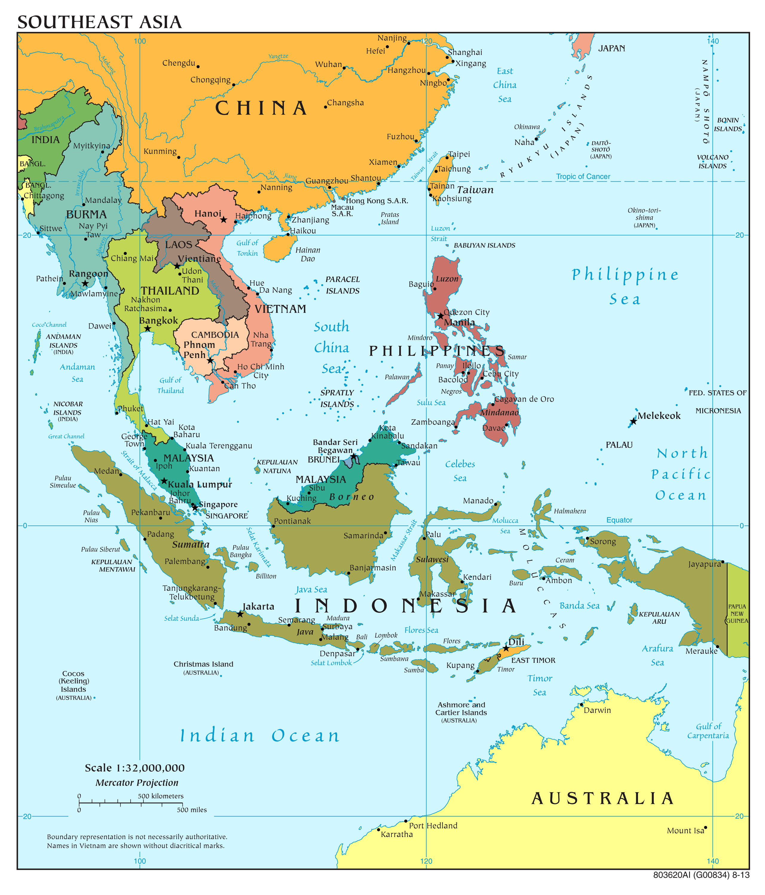 Large Scale Political Map Of Southeast Asia With Capitals And Major Cities 2013 