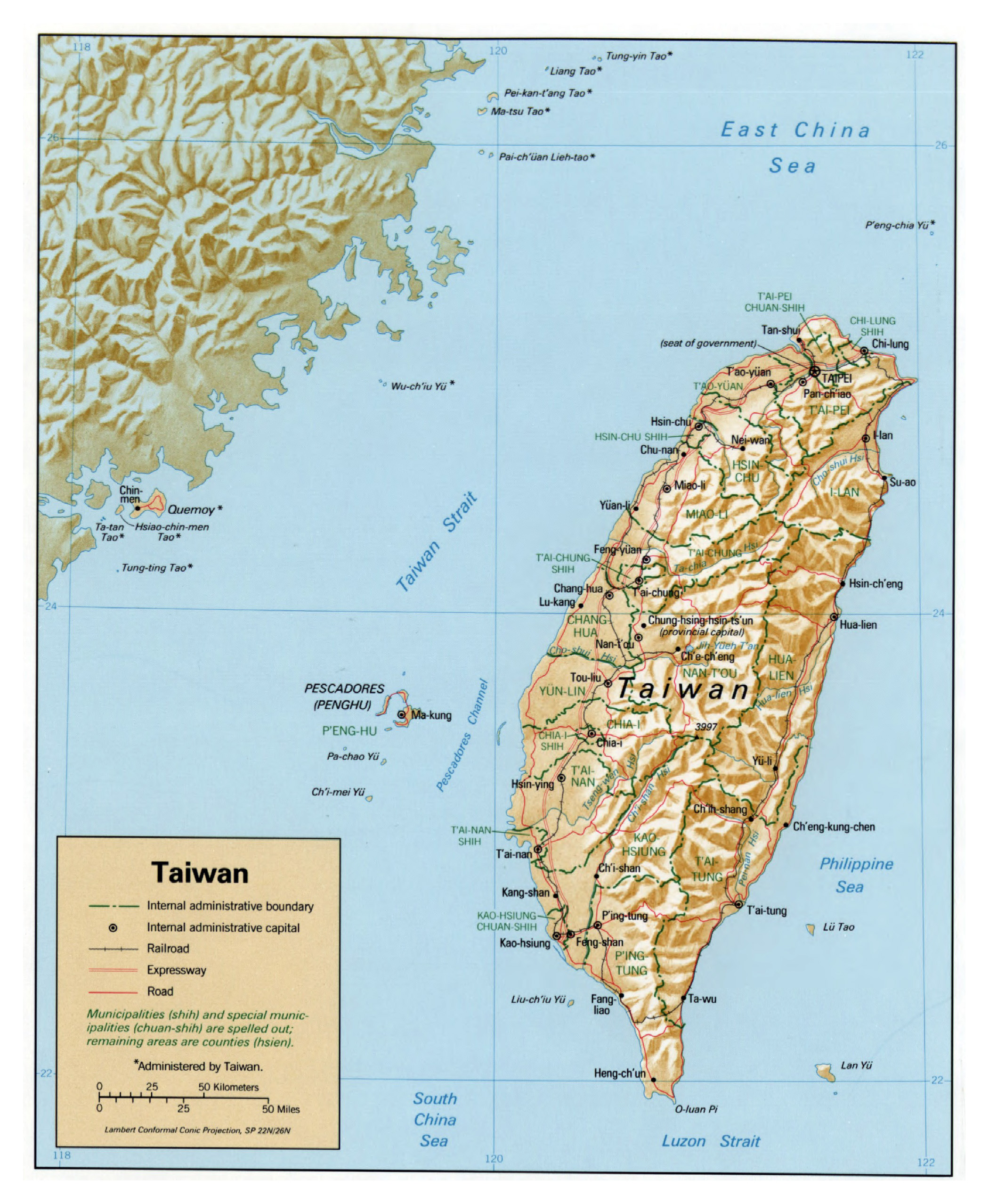 Large Detailed Political And Administrative Map Of Taiwan With Relief ...