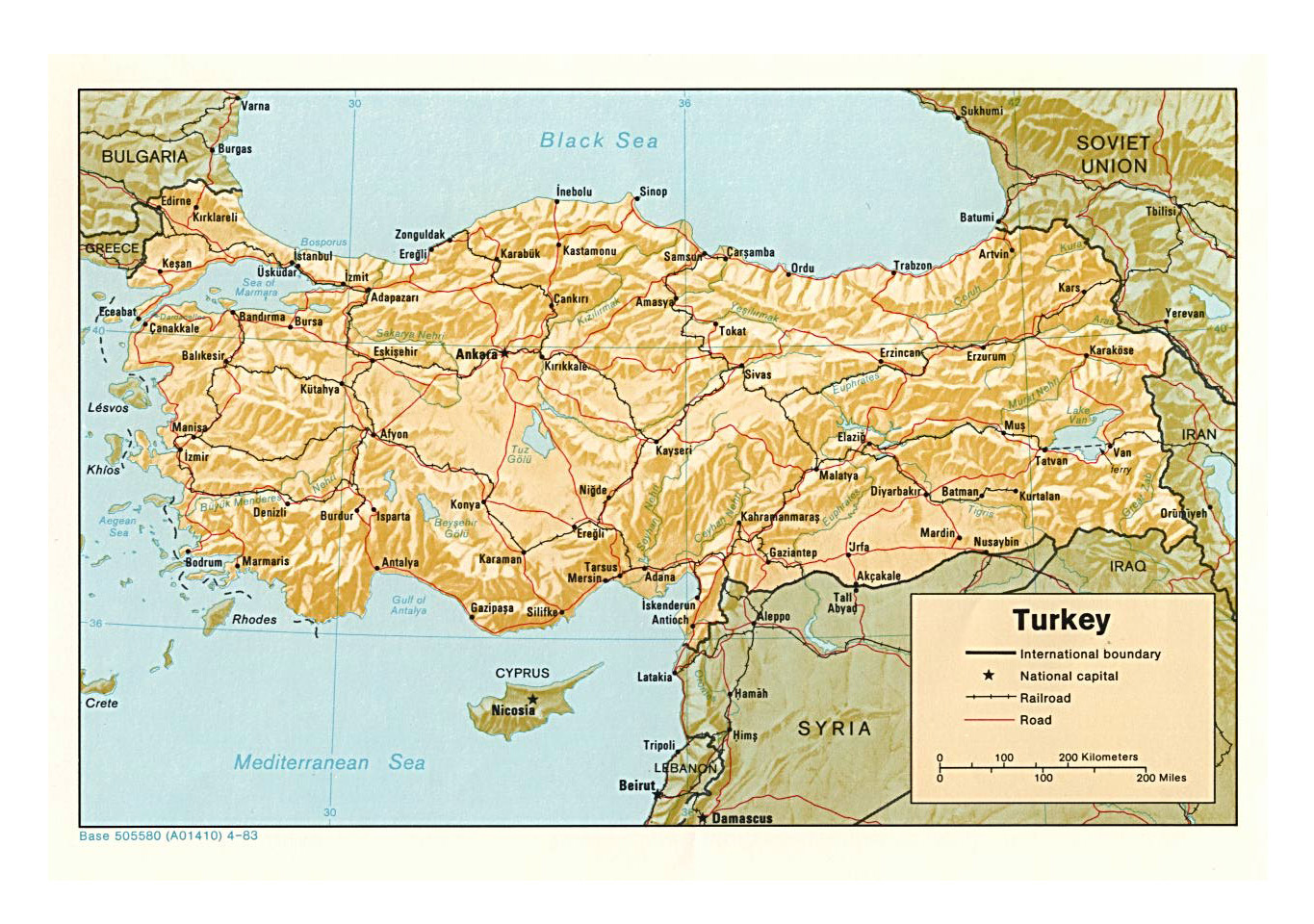 Detailed political map of Turkey with relief, roads, railroads and ...