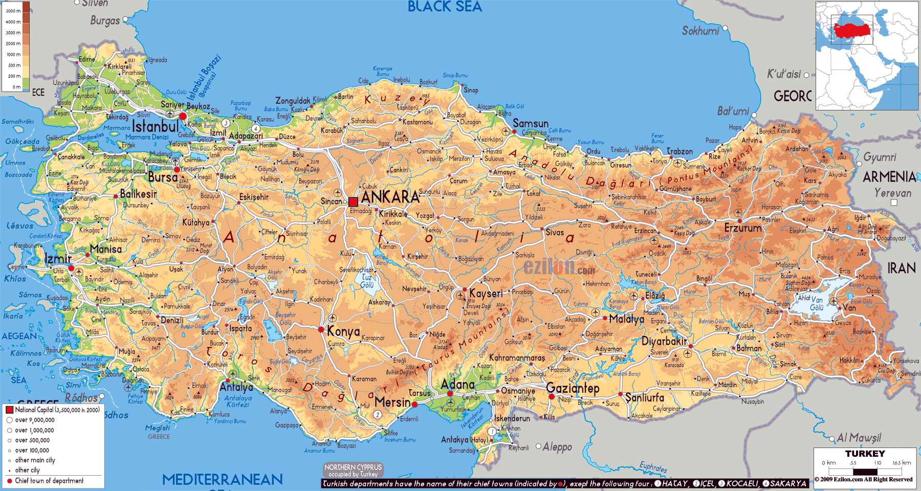 Large Physical Map Of Turkey With Roads Cities And Airports 
