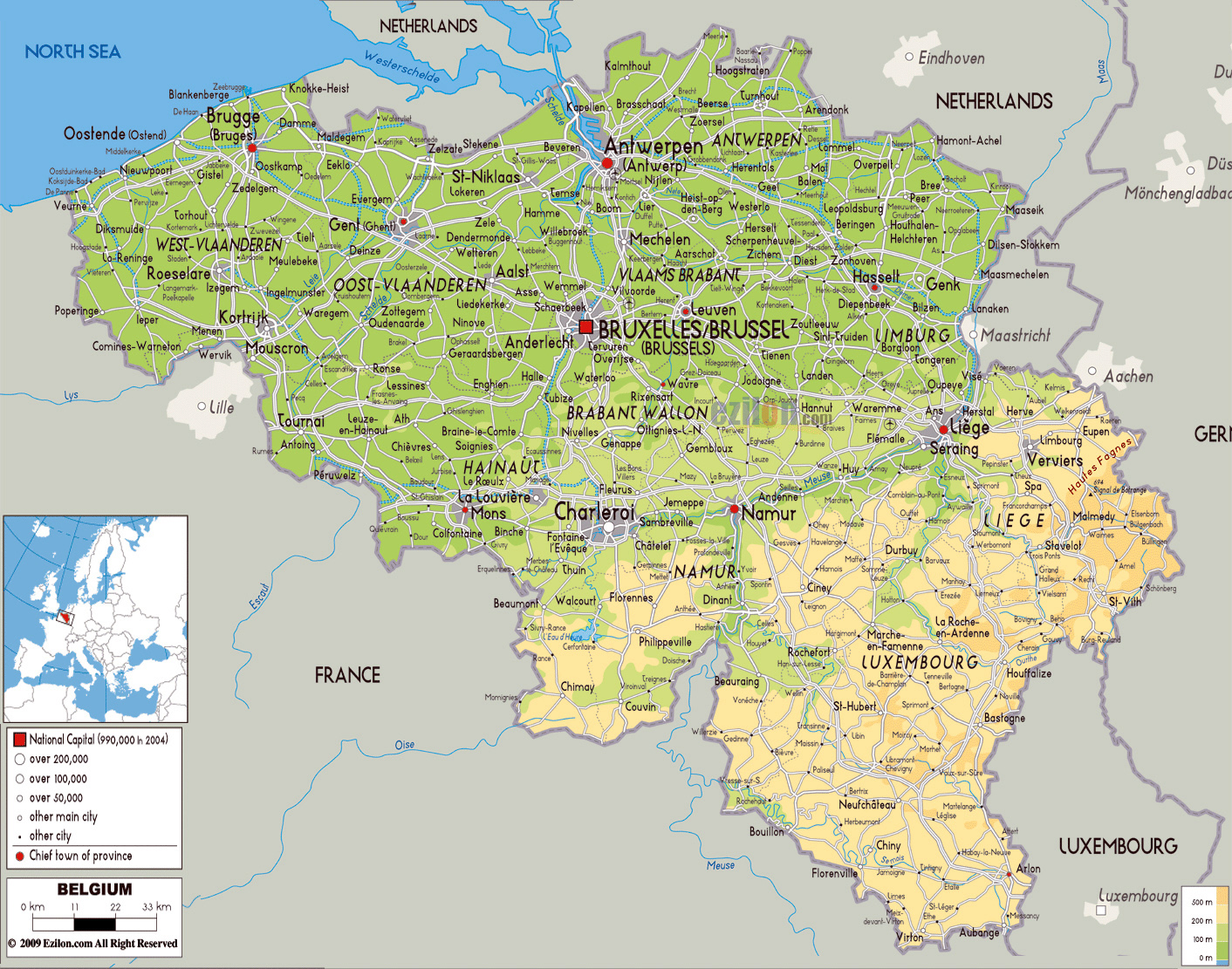 Large physical map of Belgium with roads, cities and airports | Belgium ...