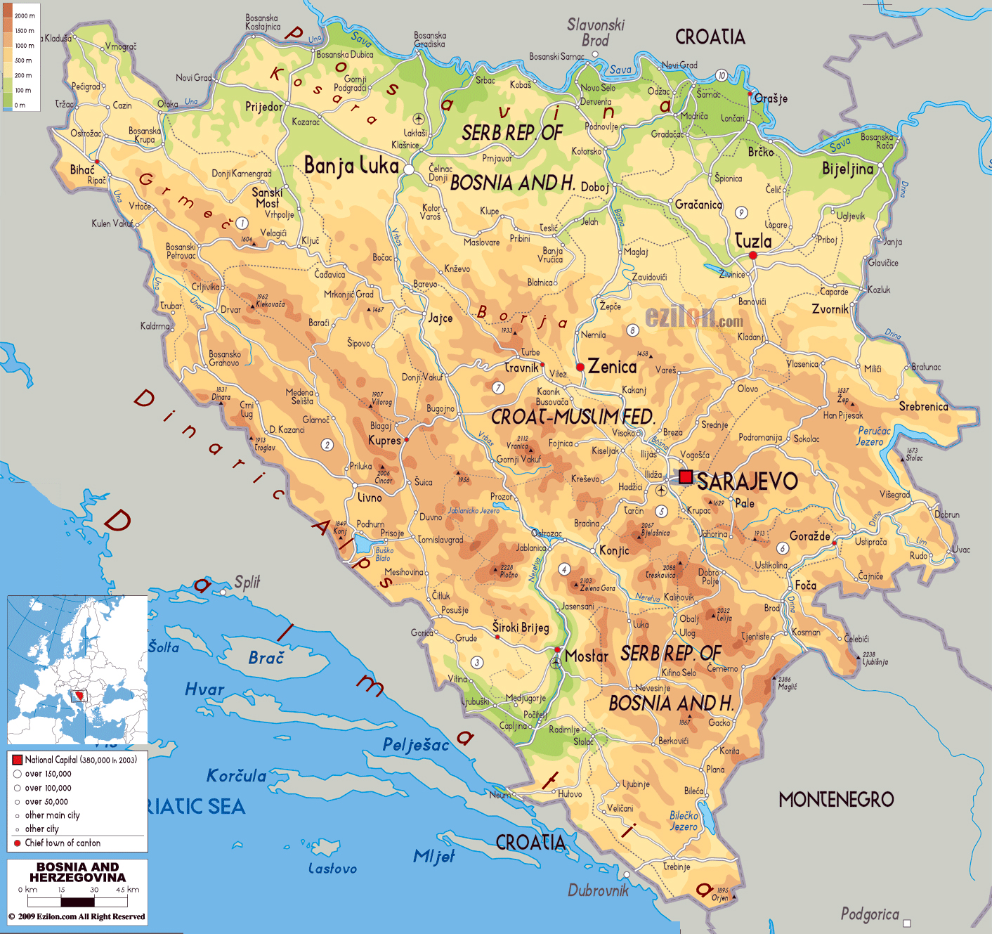 Large Detailed Political Map Of Bosnia And Herzegovina With Relief ...