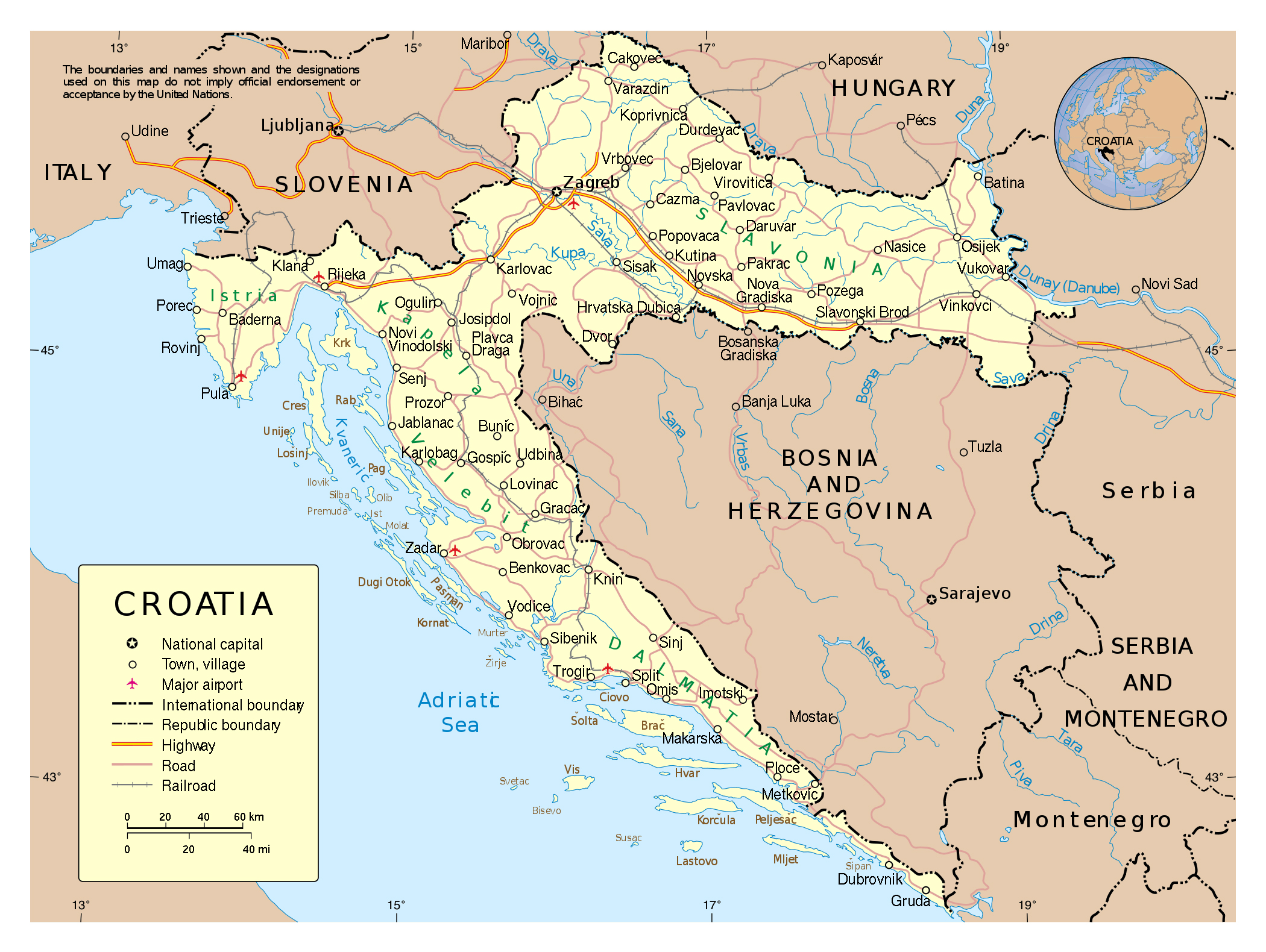 Large Detailed Political Map Of Croatia With Roads Cities And Airports 
