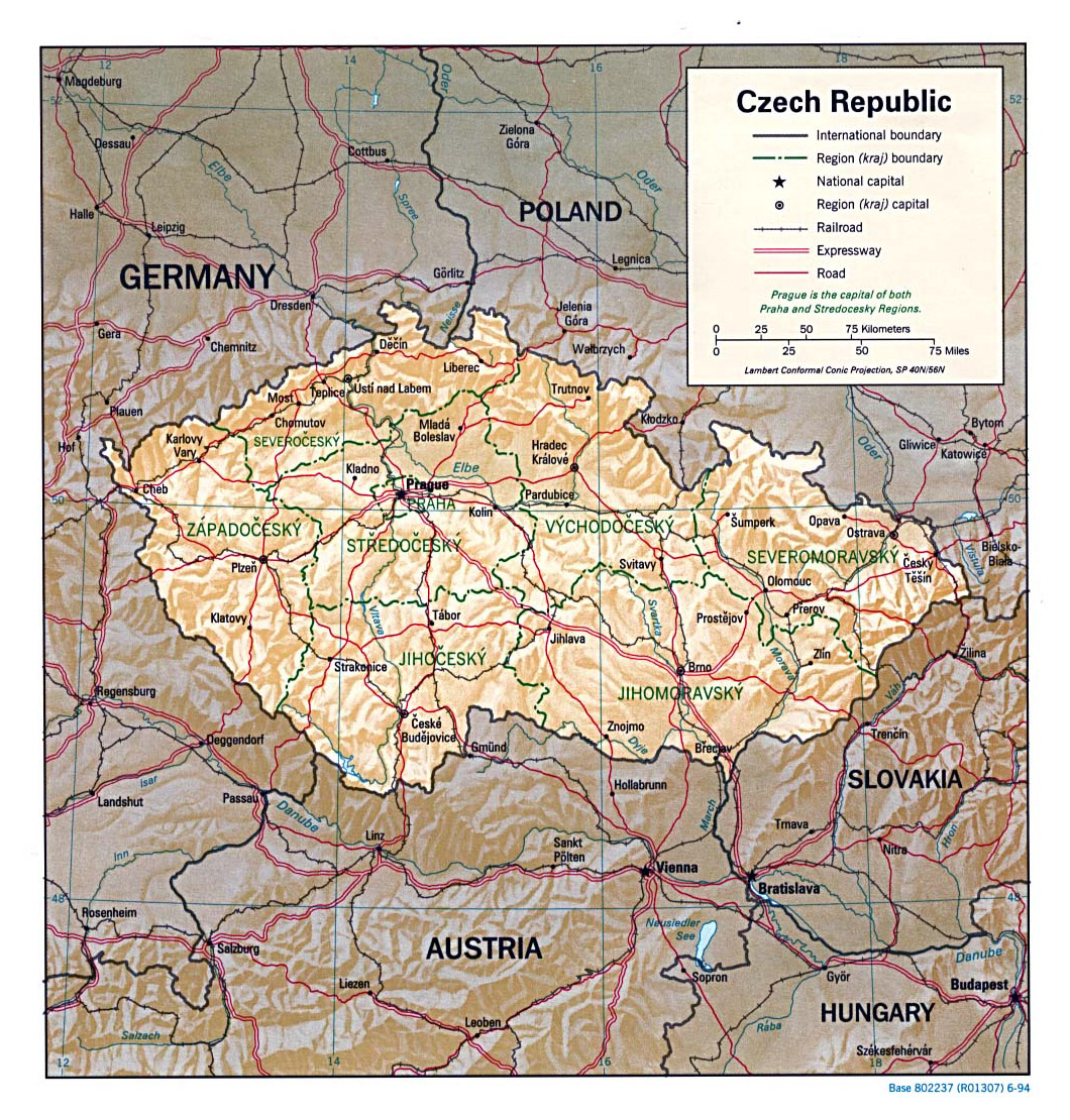 Large political and administrative map of Czech Republic with relief ...