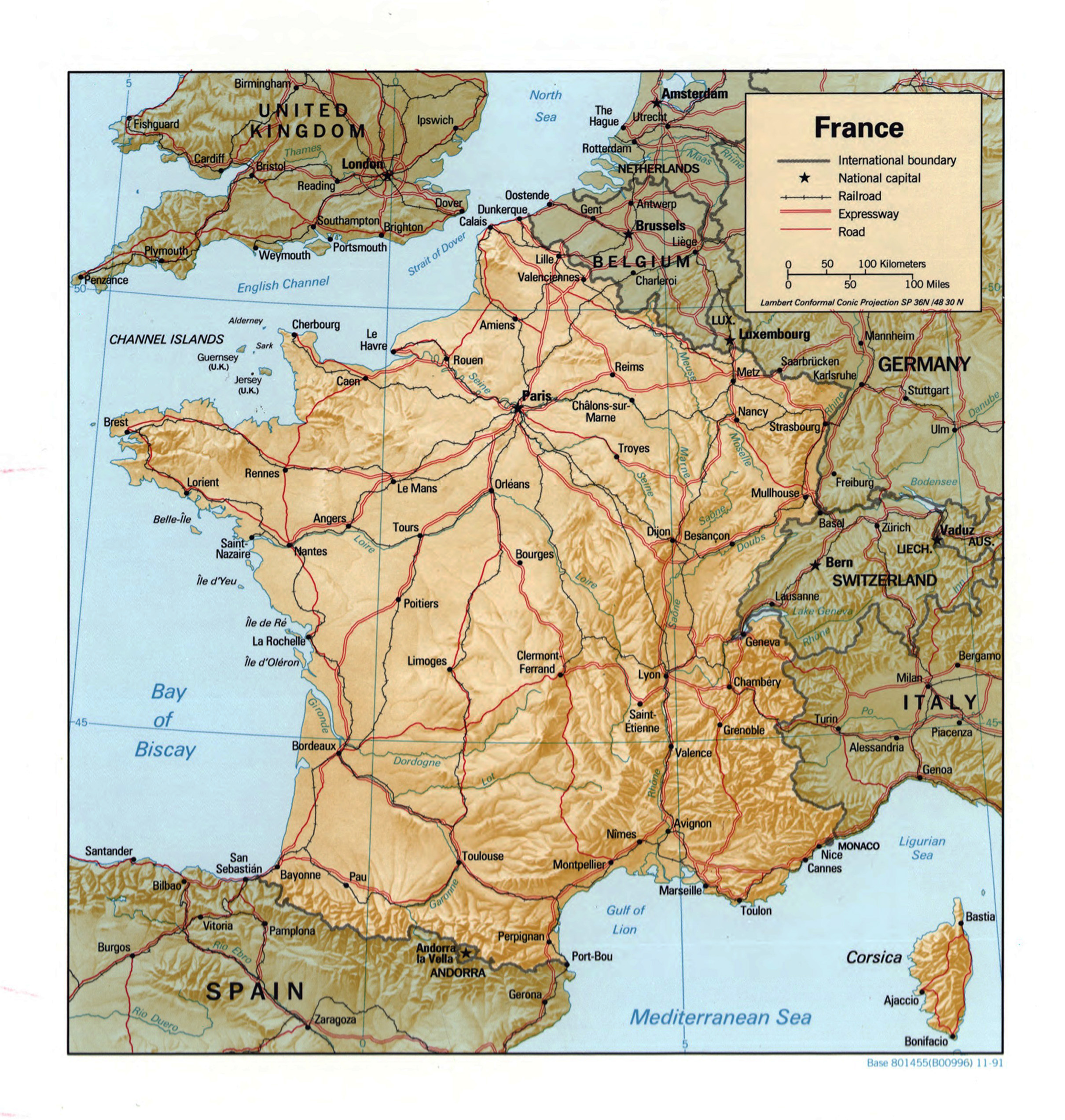 Large Detailed Political Map Of France With Relief 1991 France