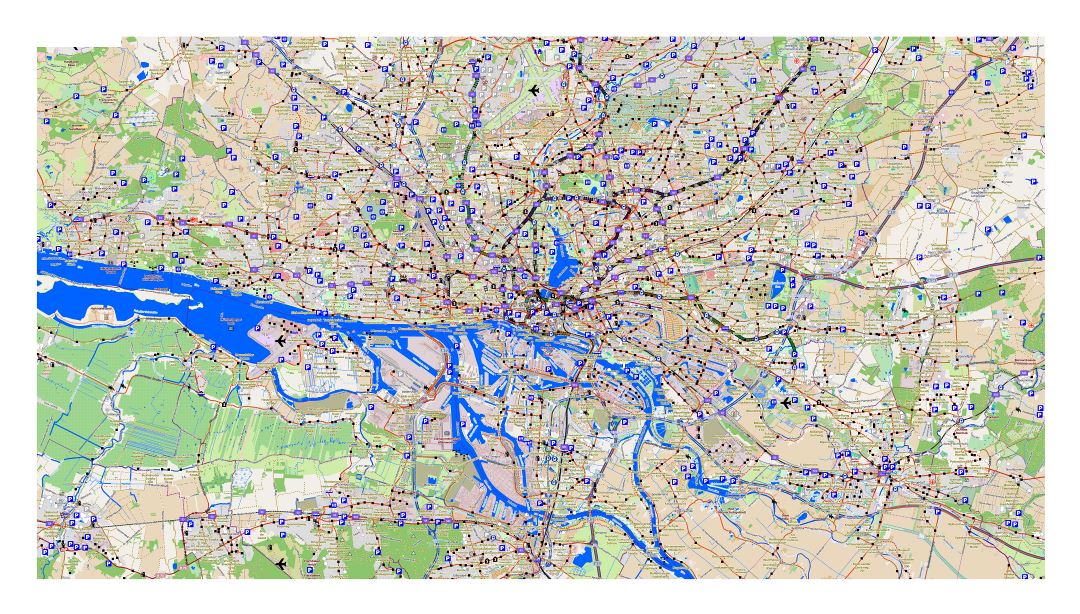 Large detailed traffic map of Hamburg city with other marks