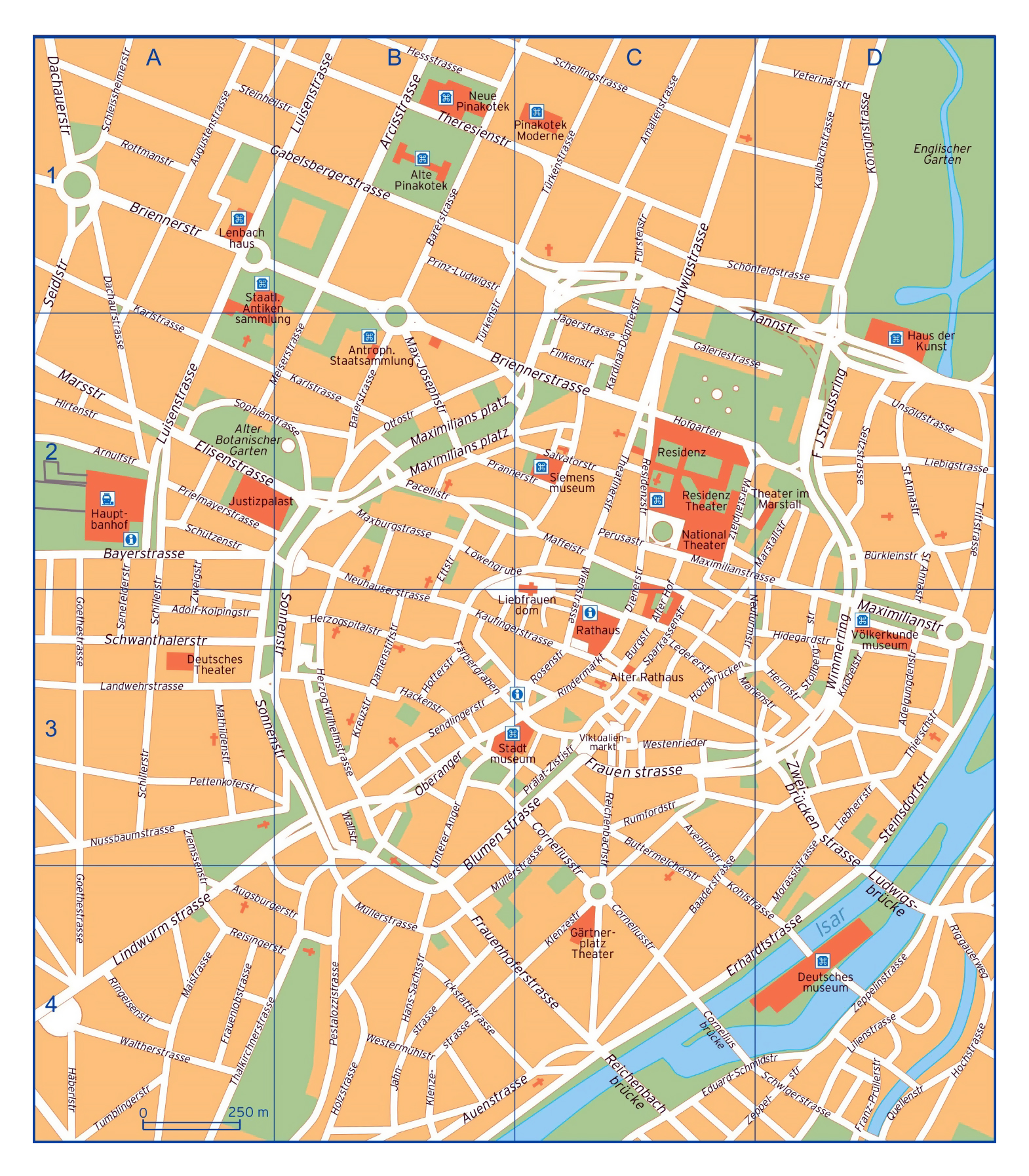 Large detailed map of central part of Munich city with street names ...